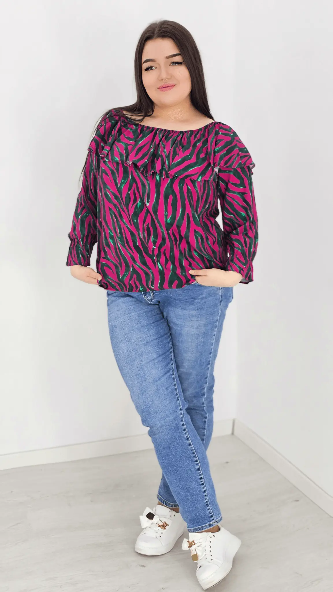 Bluzka hiszpanka z wzorem po całości -fuksja Stylowa XL