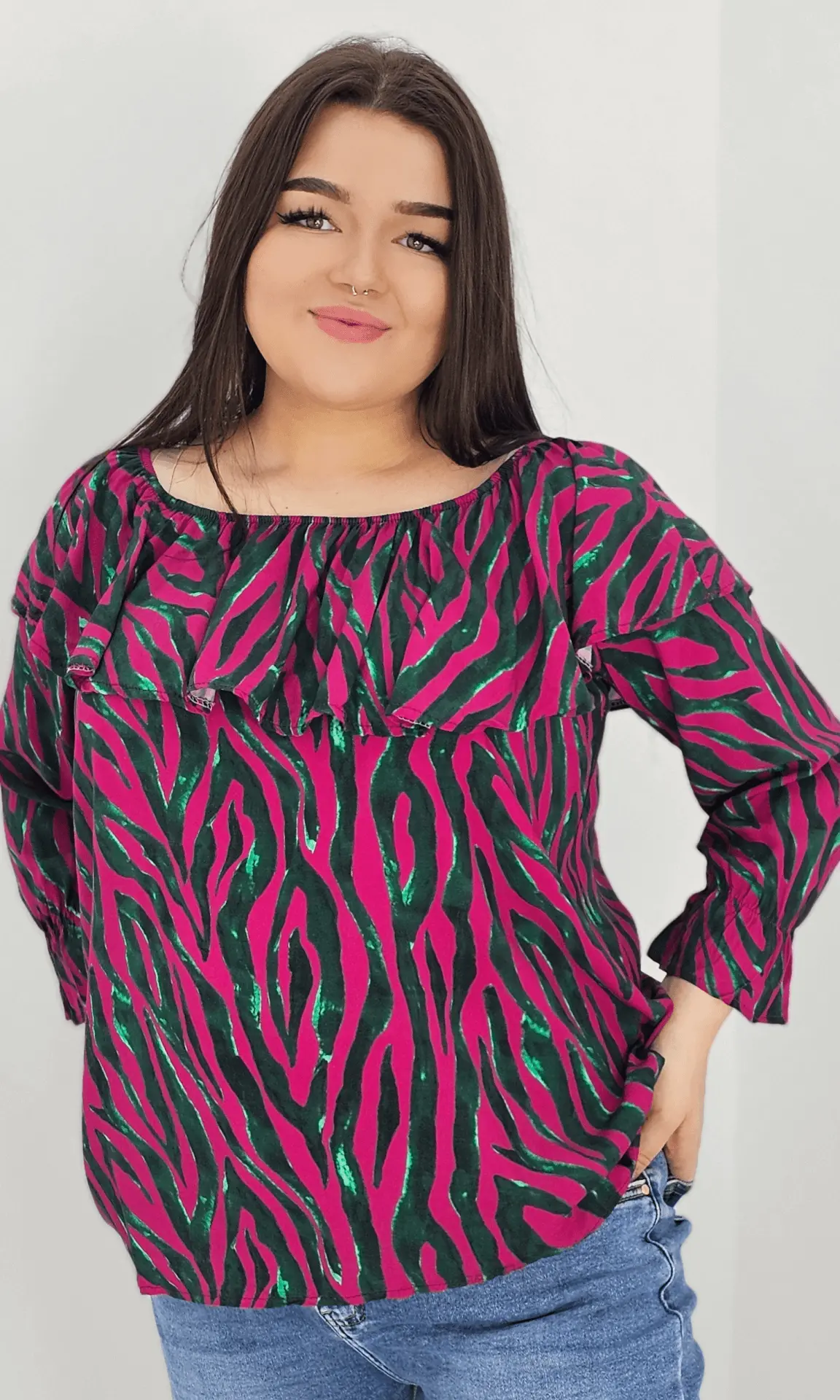 Bluzka hiszpanka z wzorem po całości -fuksja Stylowa XL