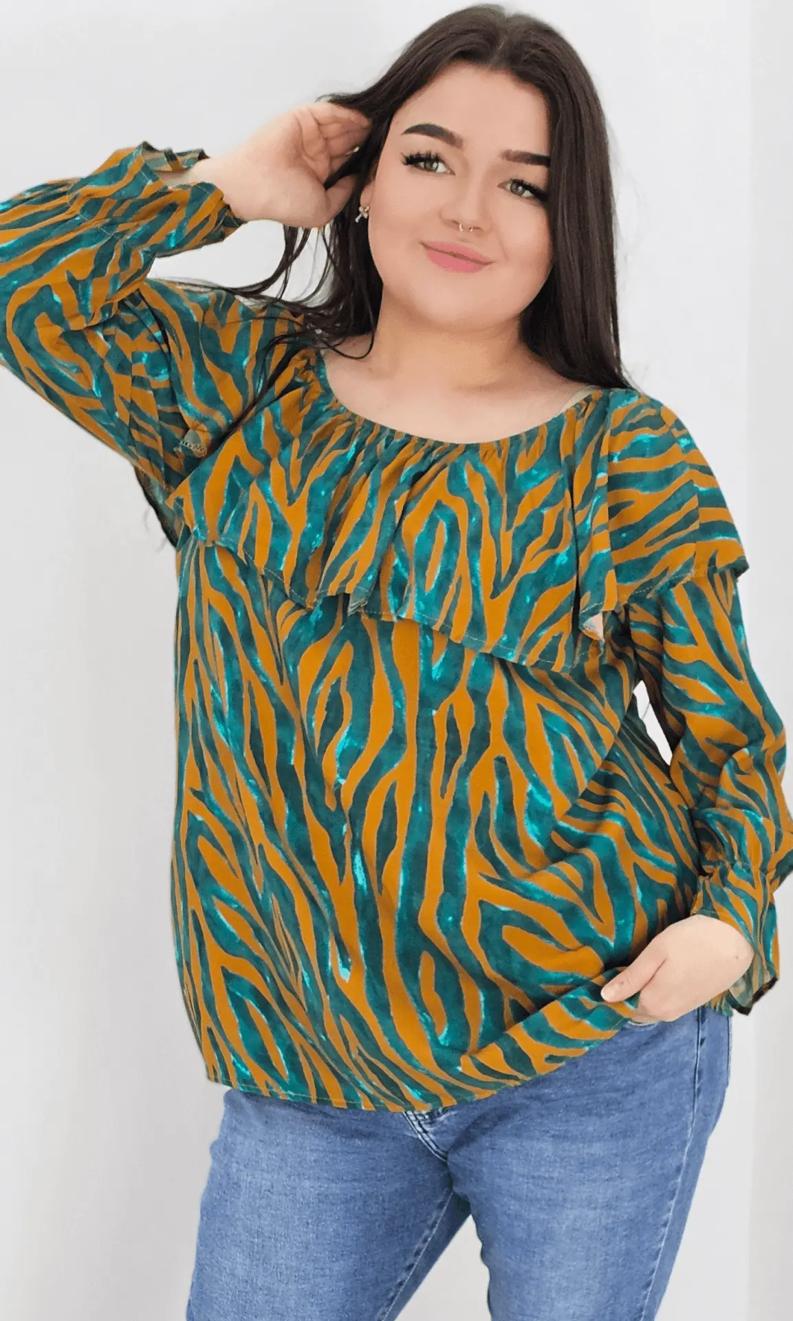 Bluzka hiszpanka z wzorem po całości -musztarda Stylowa XL