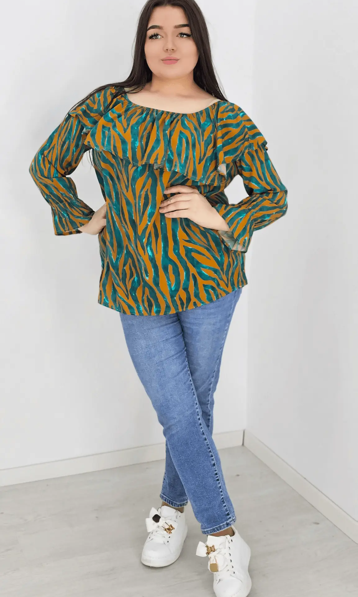 Bluzka hiszpanka z wzorem po całości -musztarda Stylowa XL