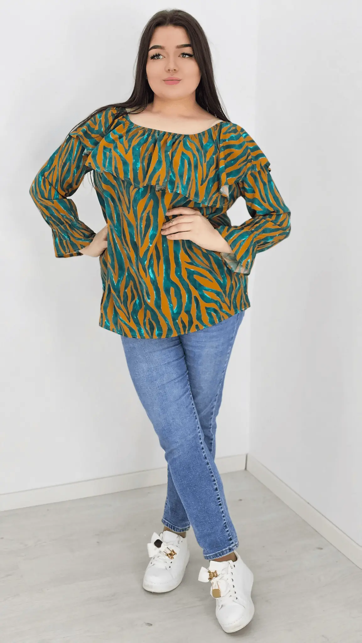 Bluzka hiszpanka z wzorem po całości -musztarda Stylowa XL