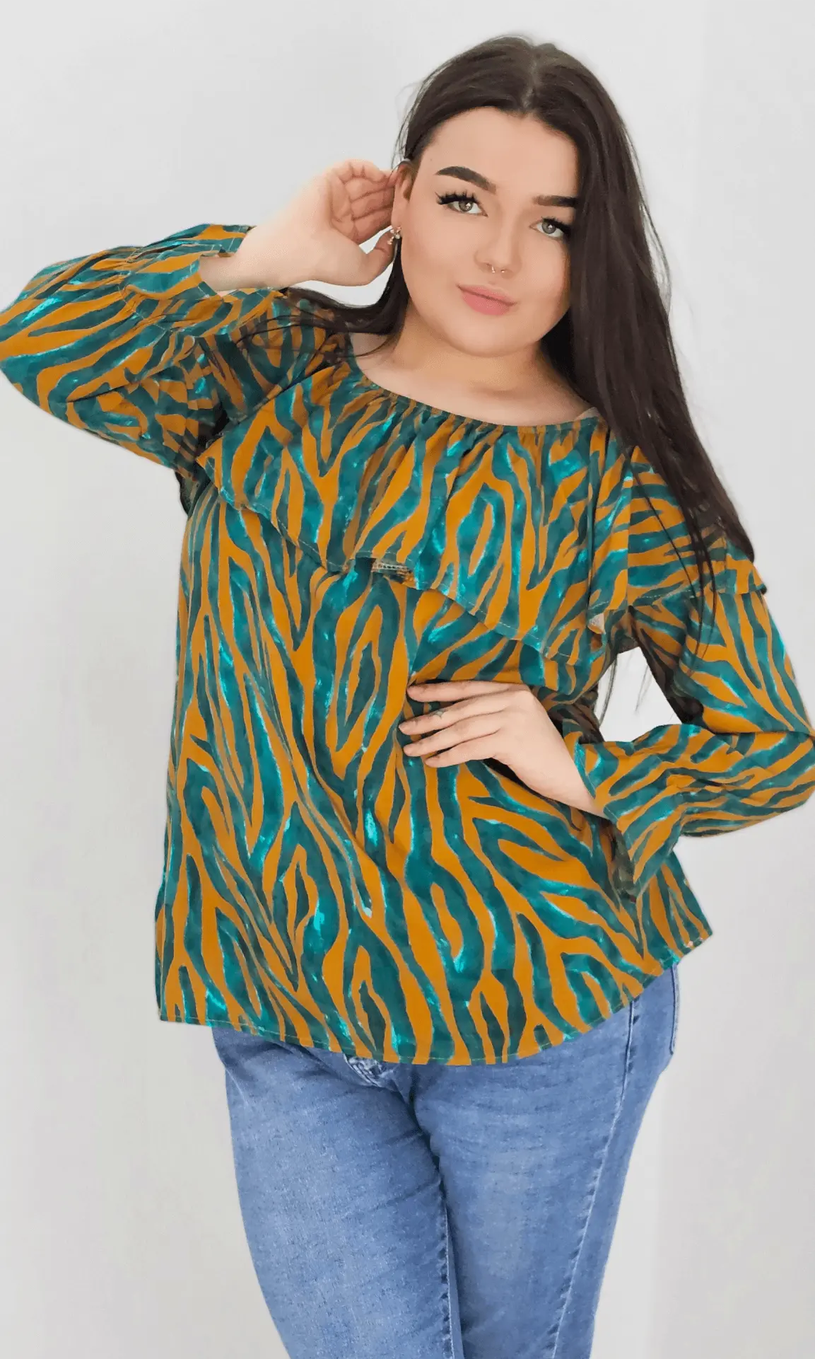 Bluzka hiszpanka z wzorem po całości -musztarda Stylowa XL