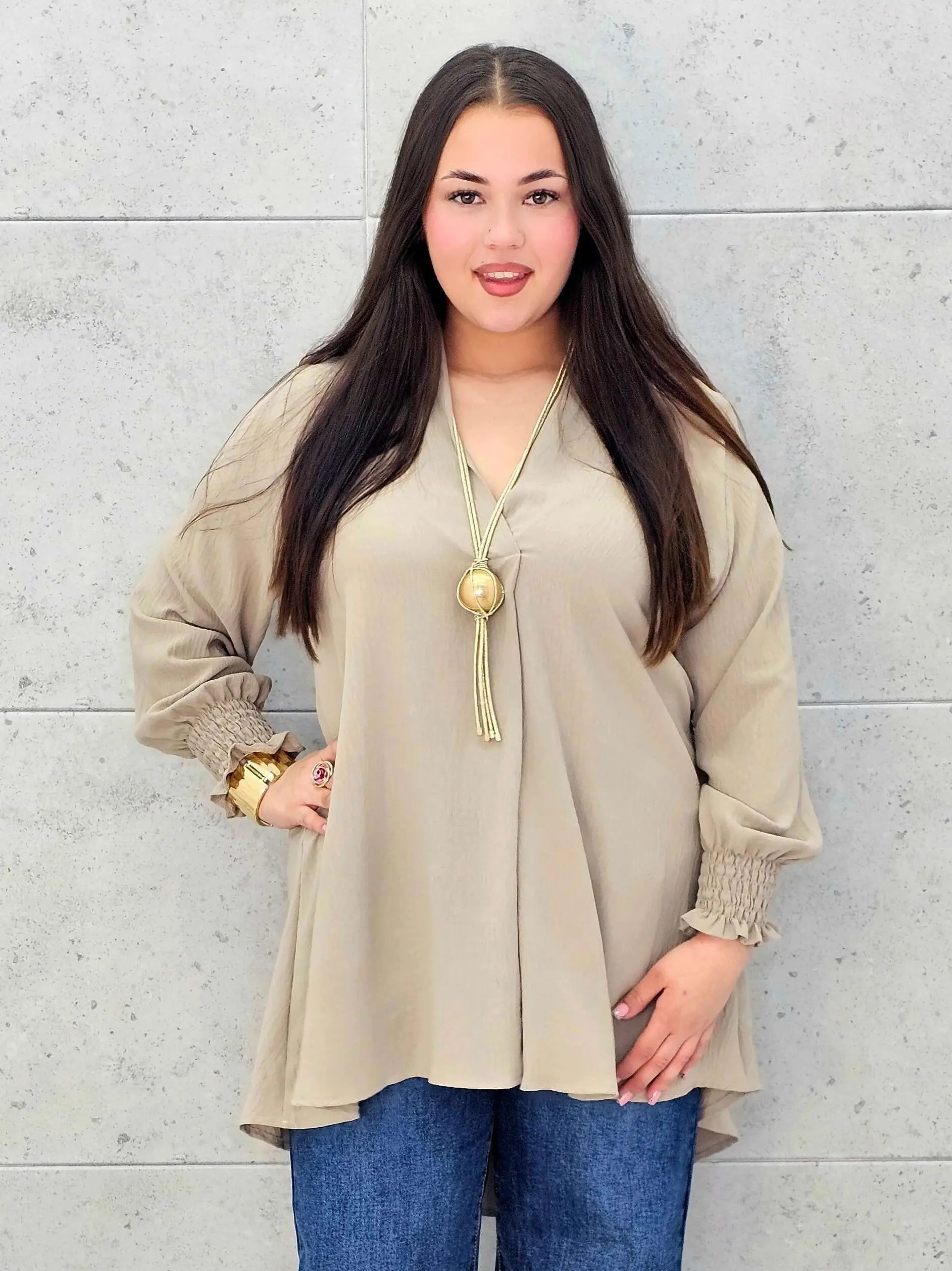 Bluzka koszulowa plus size z dekoltem V–elegancka bluzka XXL z długim rękawem Stylowa XL