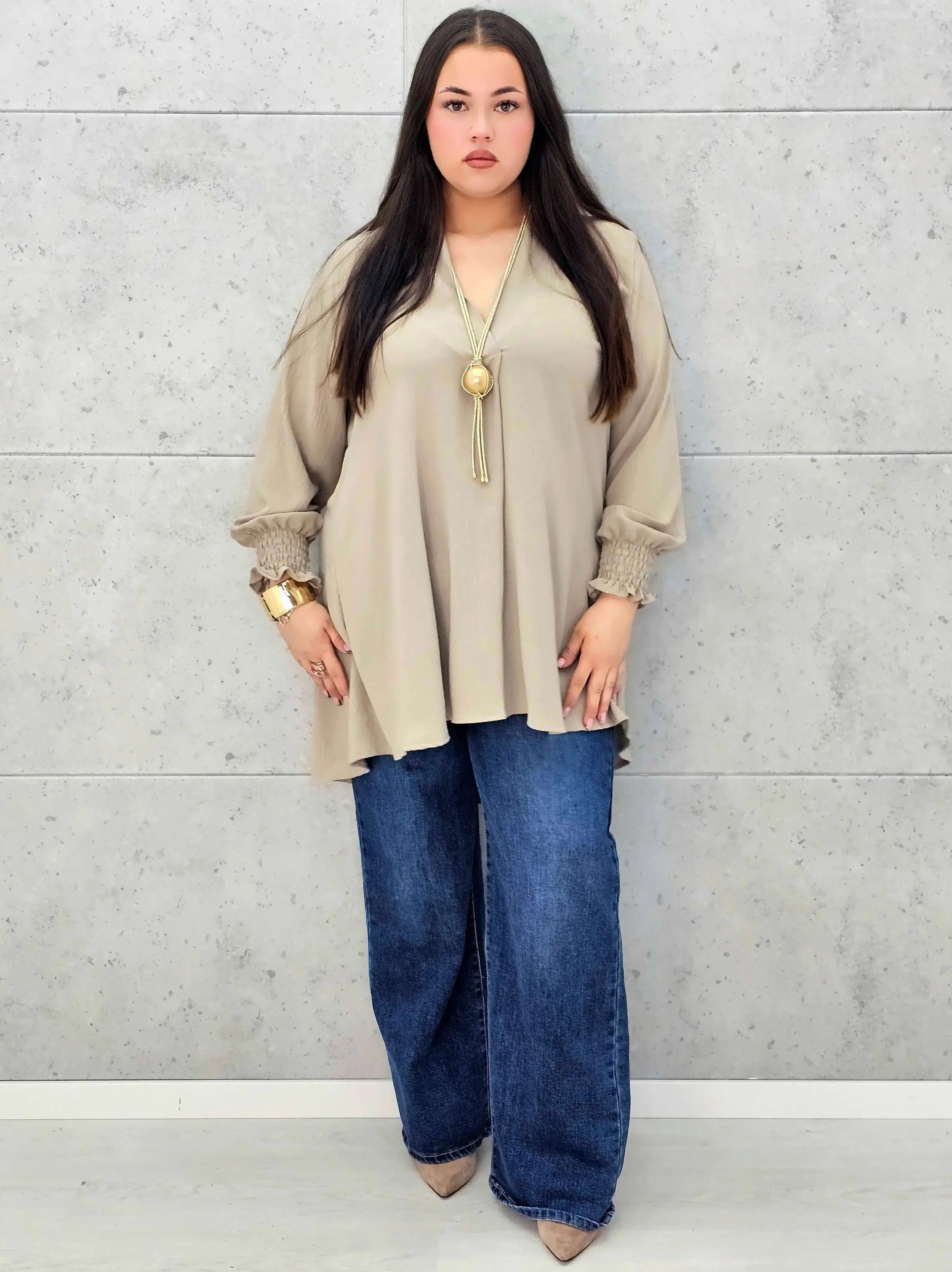 Bluzka koszulowa plus size z dekoltem V–elegancka bluzka XXL z długim rękawem Stylowa XL