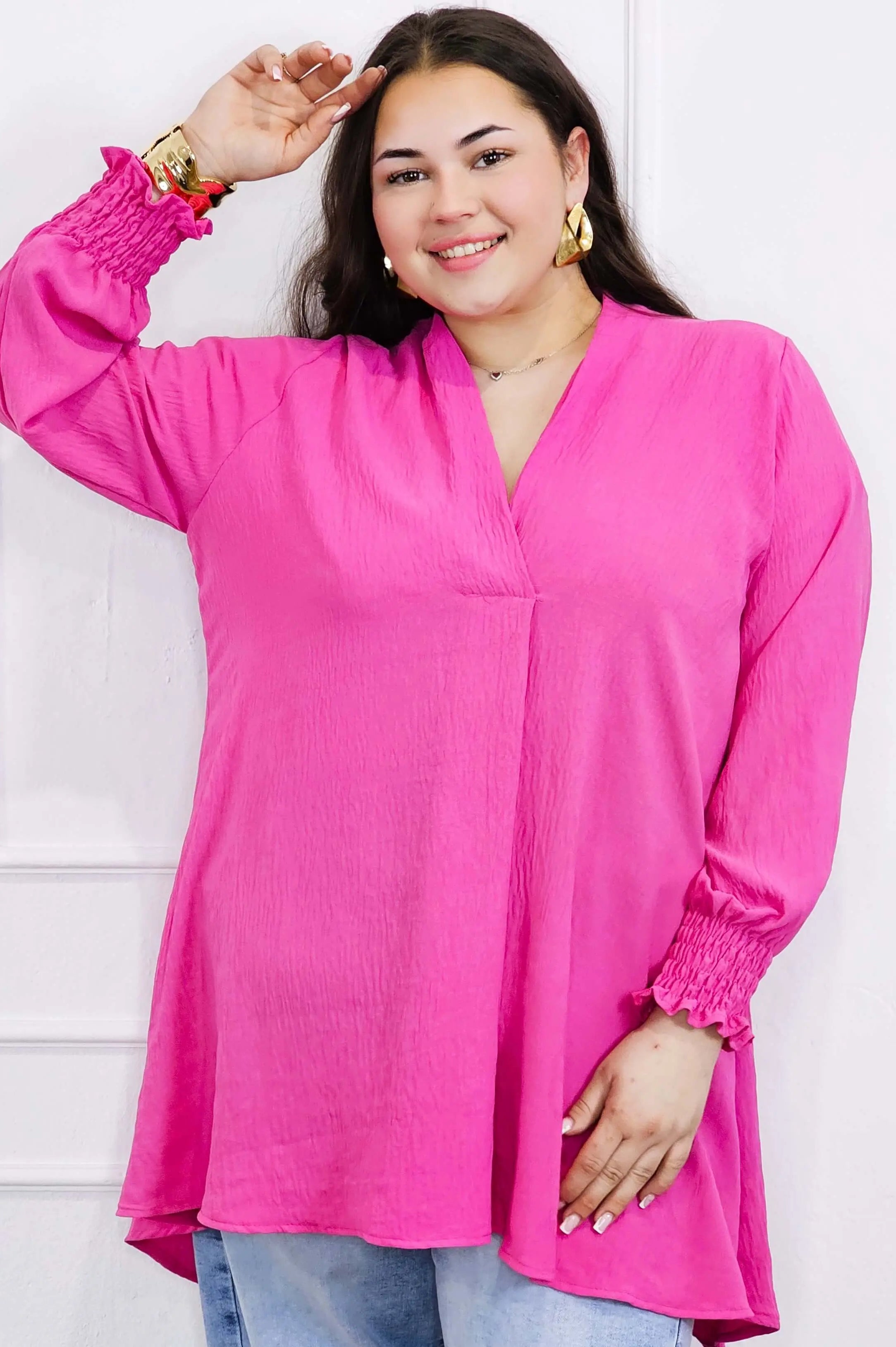 Bluzka koszulowa plus size z dekoltem V–elegancka bluzka XXL z długim rękawem Stylowa XL