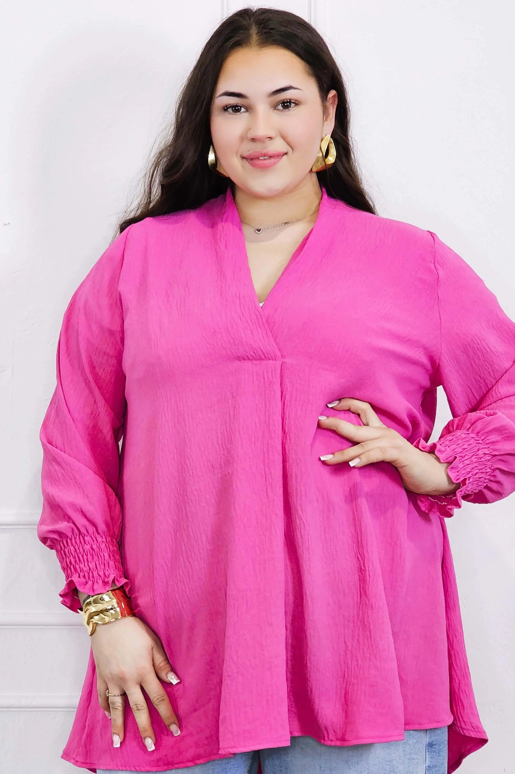 Bluzka koszulowa plus size z dekoltem V–elegancka bluzka XXL z długim rękawem Stylowa XL
