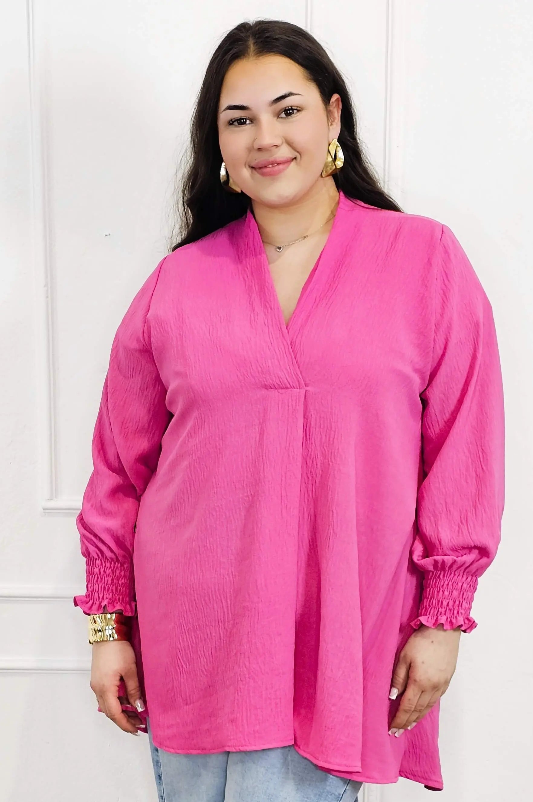 Bluzka koszulowa plus size z dekoltem V–elegancka bluzka XXL z długim rękawem Stylowa XL