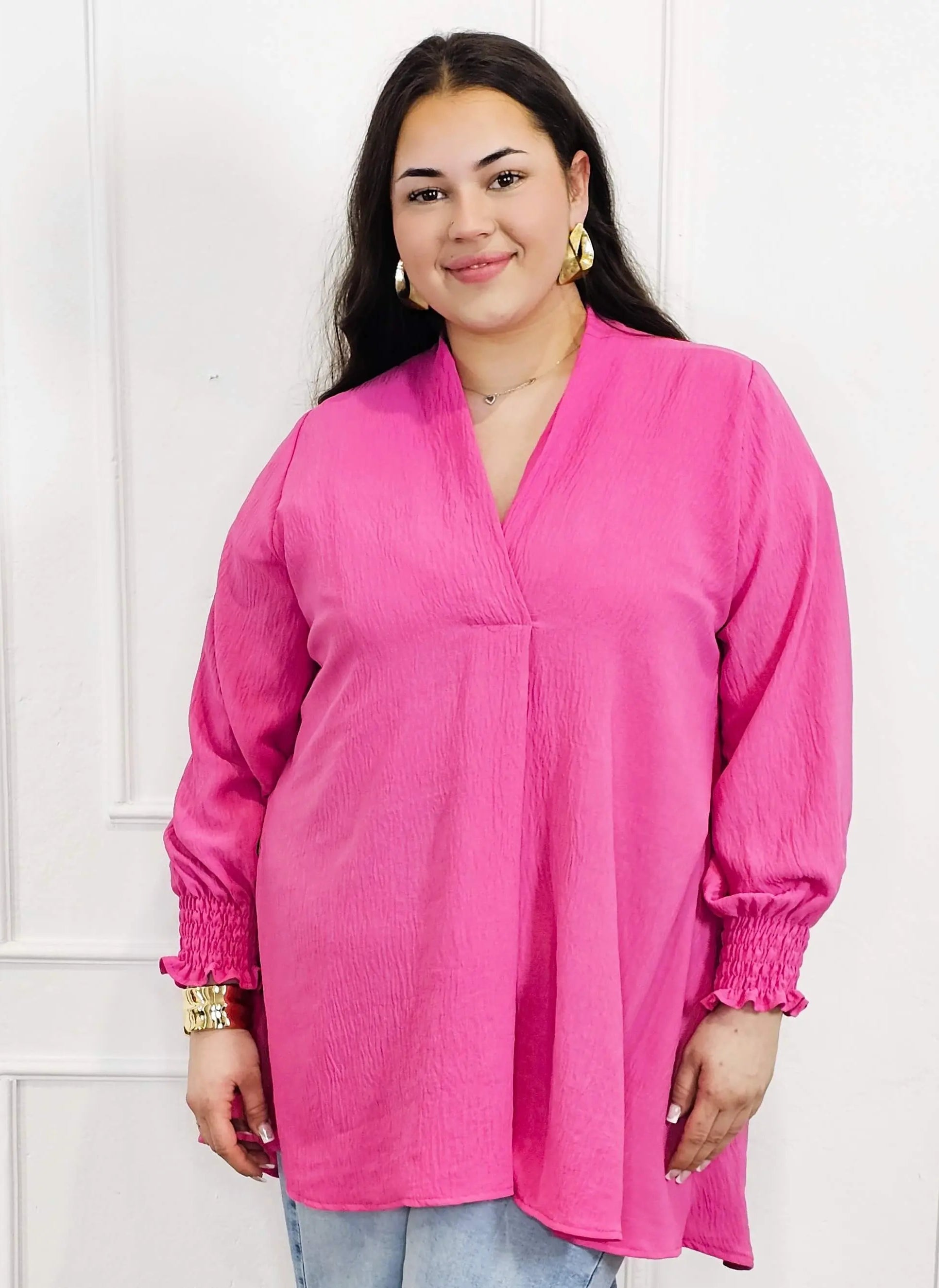 Bluzka koszulowa plus size z dekoltem V–elegancka bluzka XXL z długim rękawem Stylowa XL