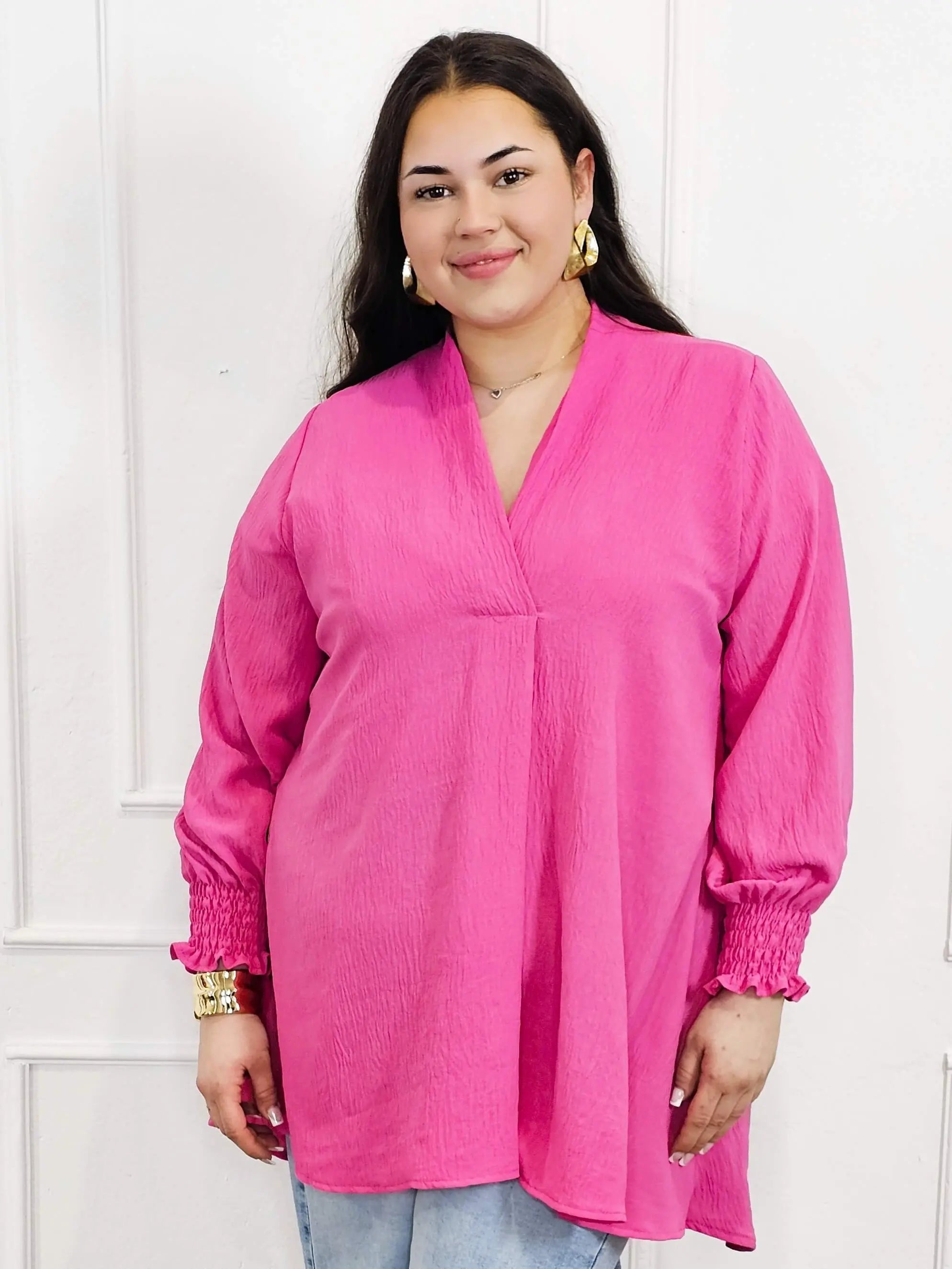 Bluzka koszulowa plus size z dekoltem V–elegancka bluzka XXL z długim rękawem Stylowa XL