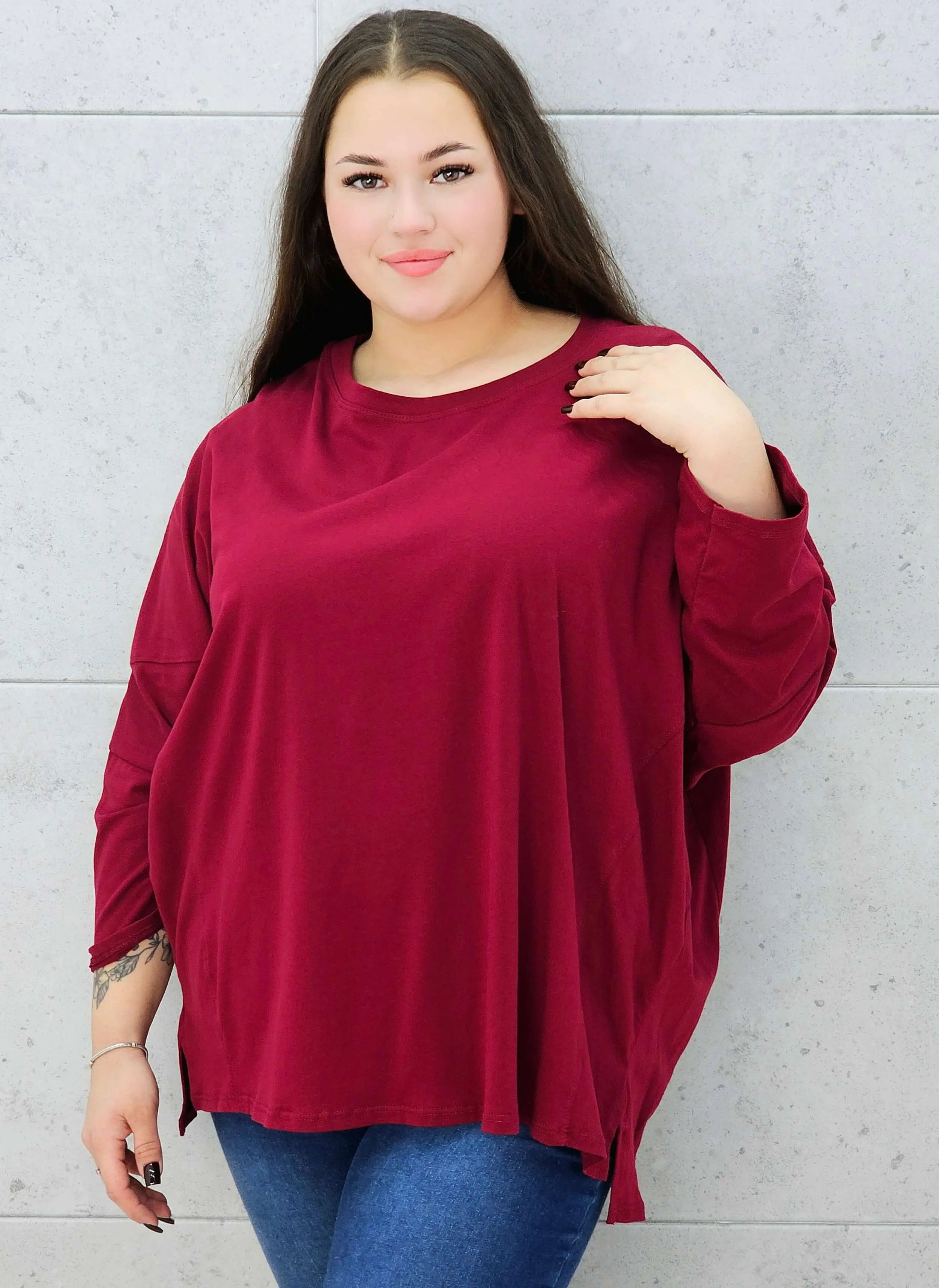 bluzka basic oversize bordowa plus size –rękaw