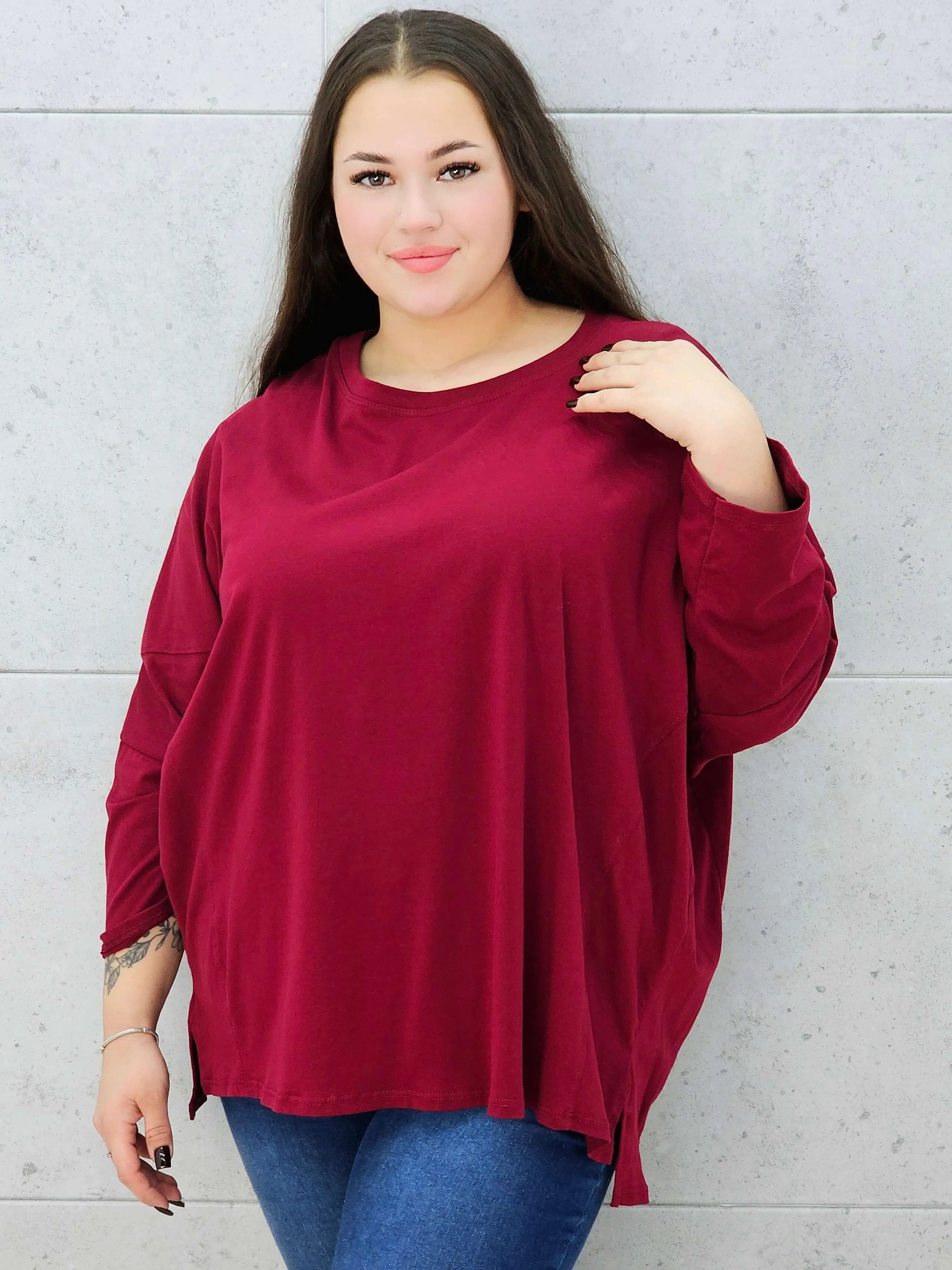 bluzka basic oversize bordowa plus size –rękaw