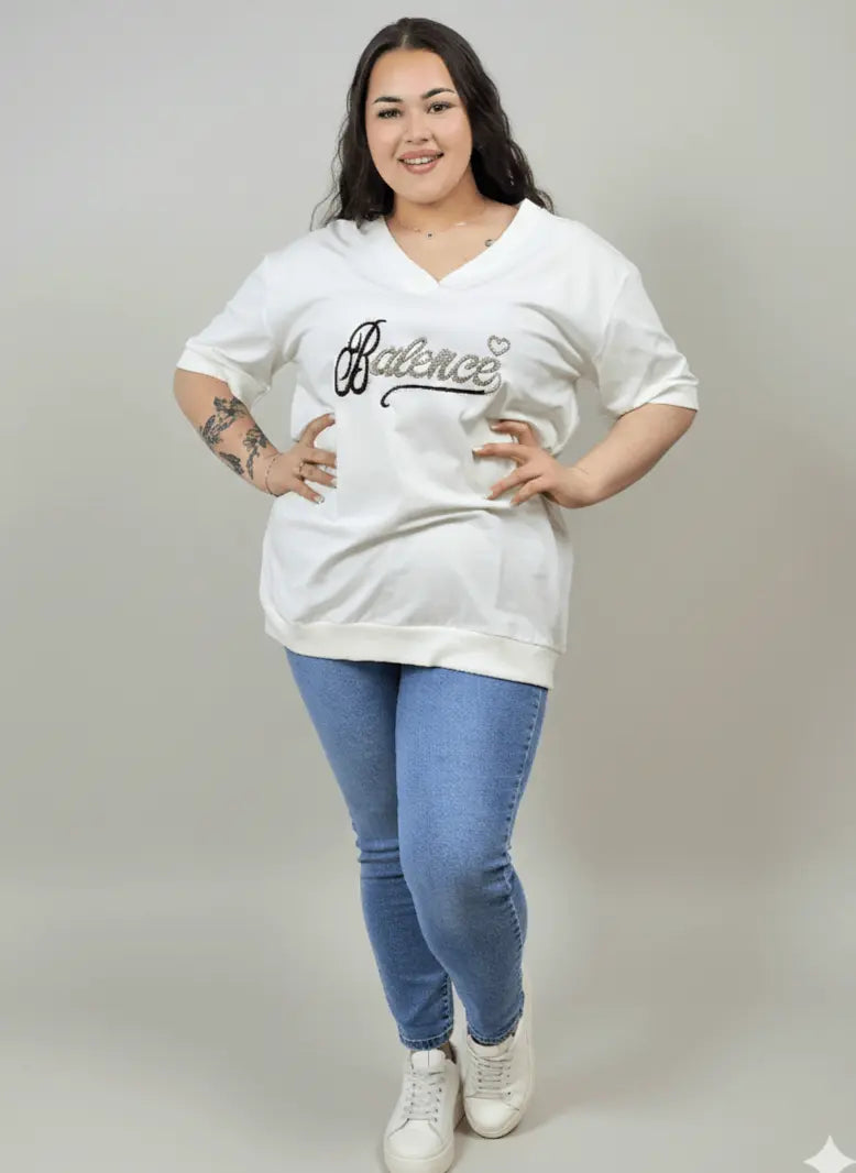 Bluzka plus size Balance z dekoltem V i ozdobnym haftem Stylowa XL