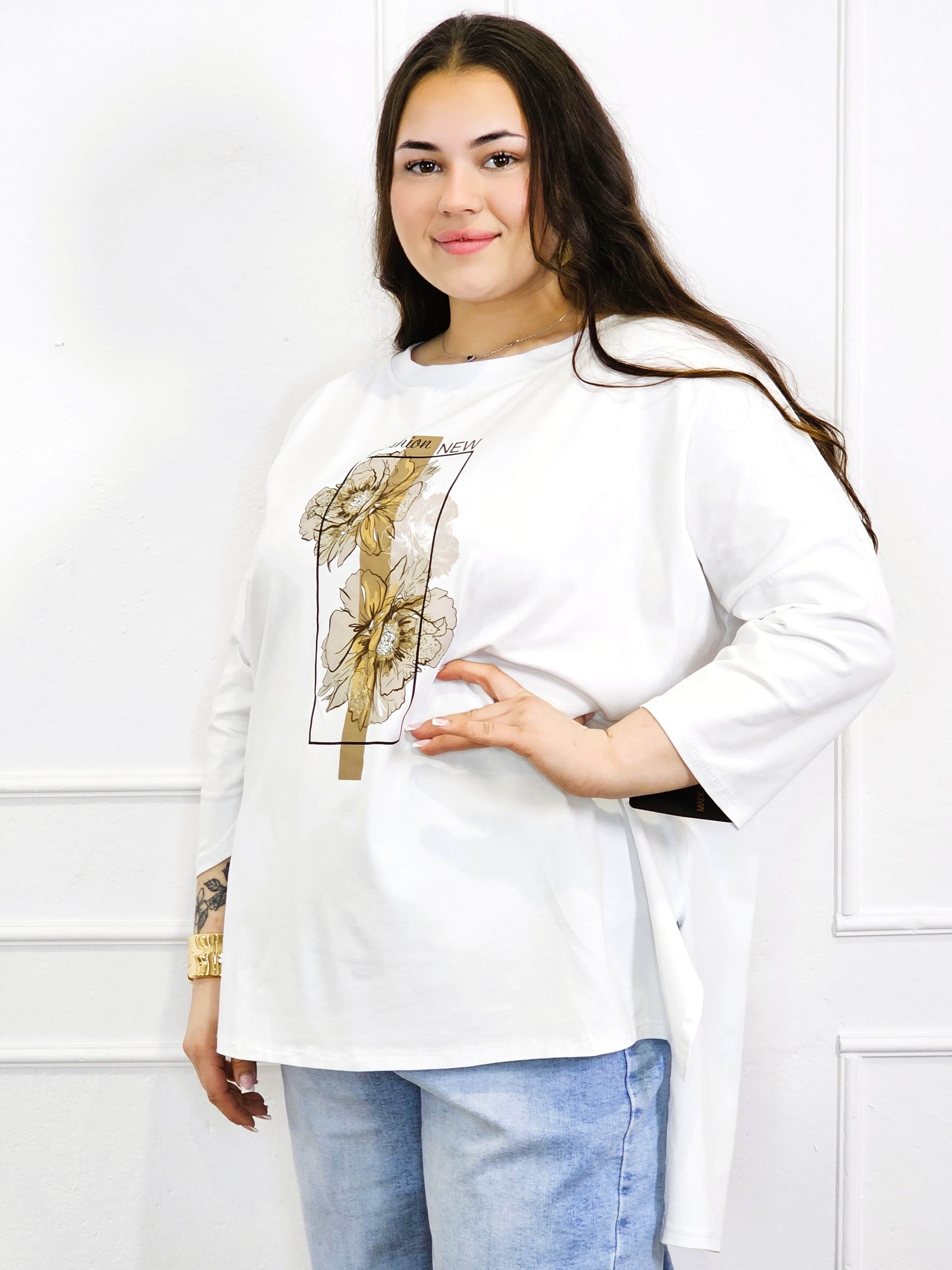 Bluzka plus size biała z kwiatowym nadrukiem i rękawem 3/4 – modny oversize Stylowa XL