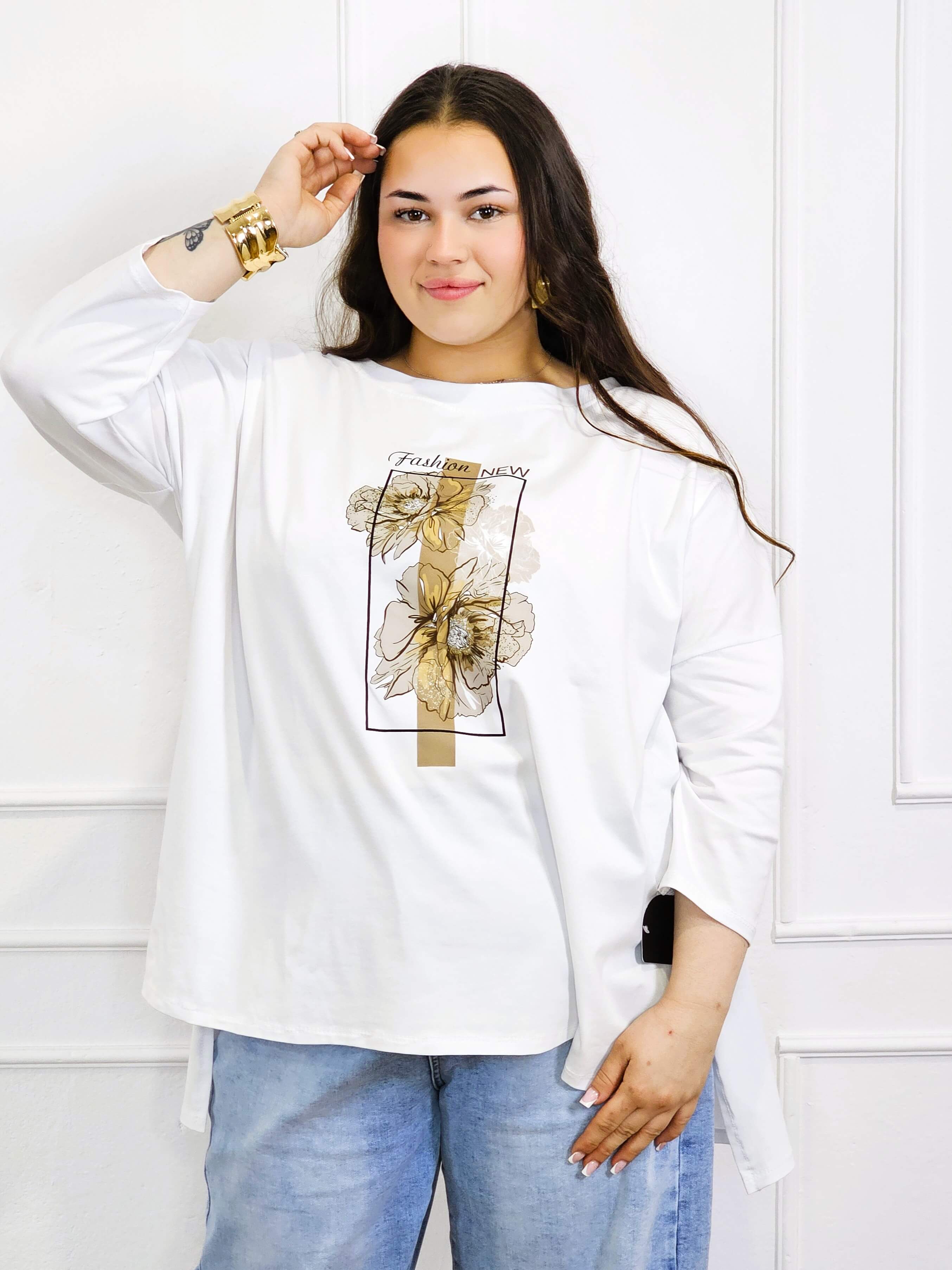 Bluzka plus size biała z kwiatowym nadrukiem i rękawem 3/4 – modny oversize Stylowa XL