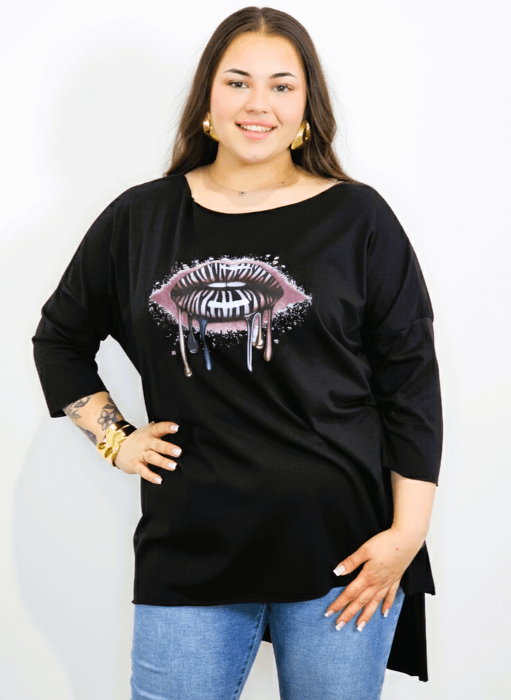 Bluzka plus size czarna z nadrukiem ust Stylowa XL