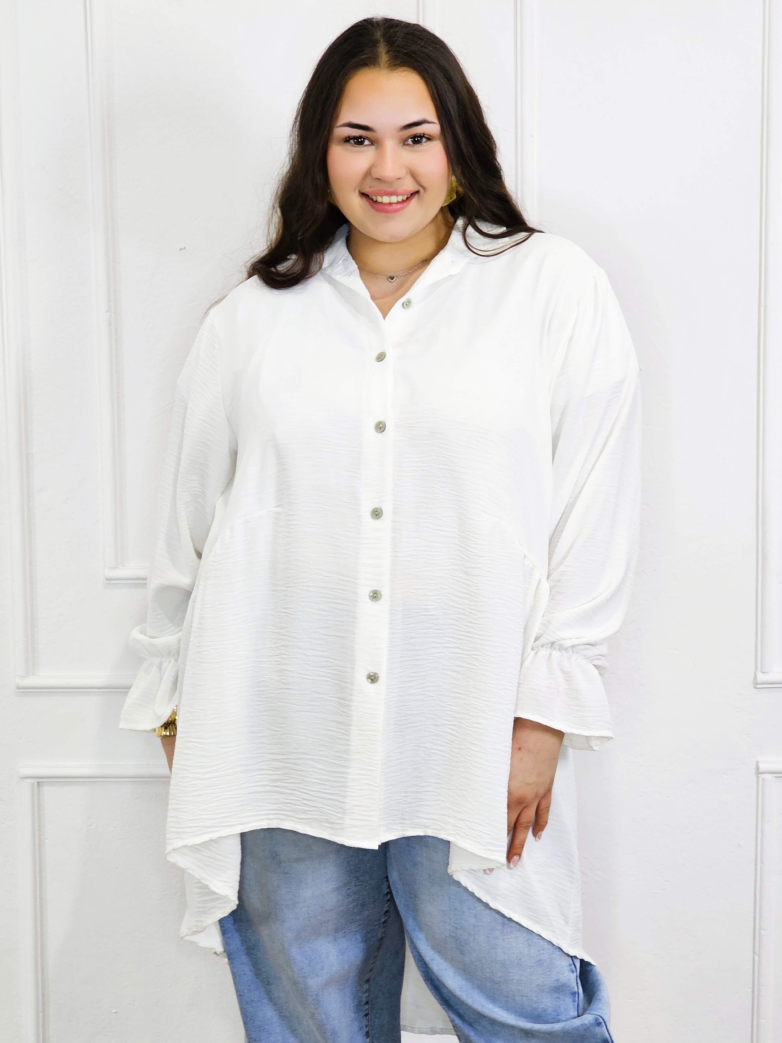 Bluzka plus size koszulowa z dłuższym tyłem – lekka, oversize, na guziki XXL Stylowa XL