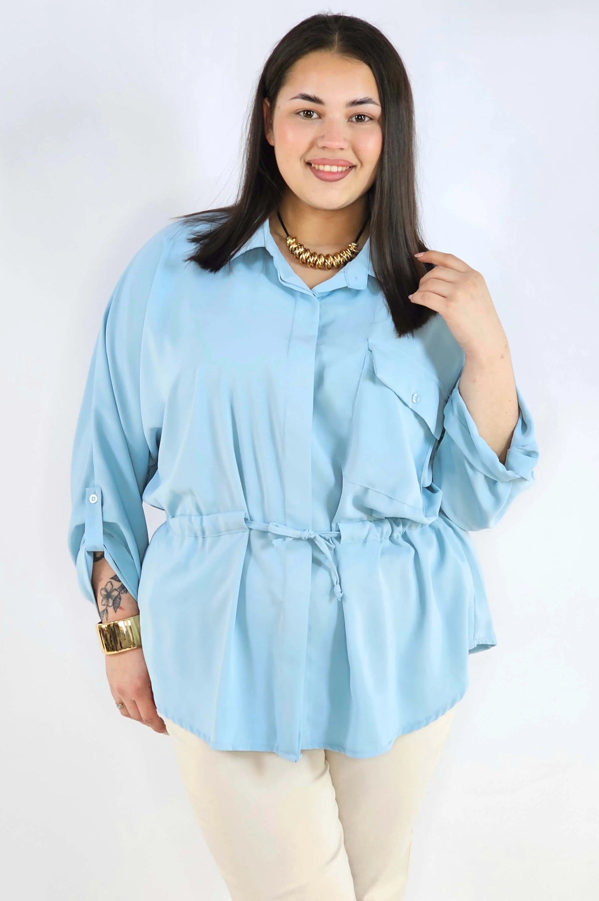 Bluzka plus size koszulowa z kołnierzykiem – elegancka bluzka damska XXL z wiązaniem Stylowa XL