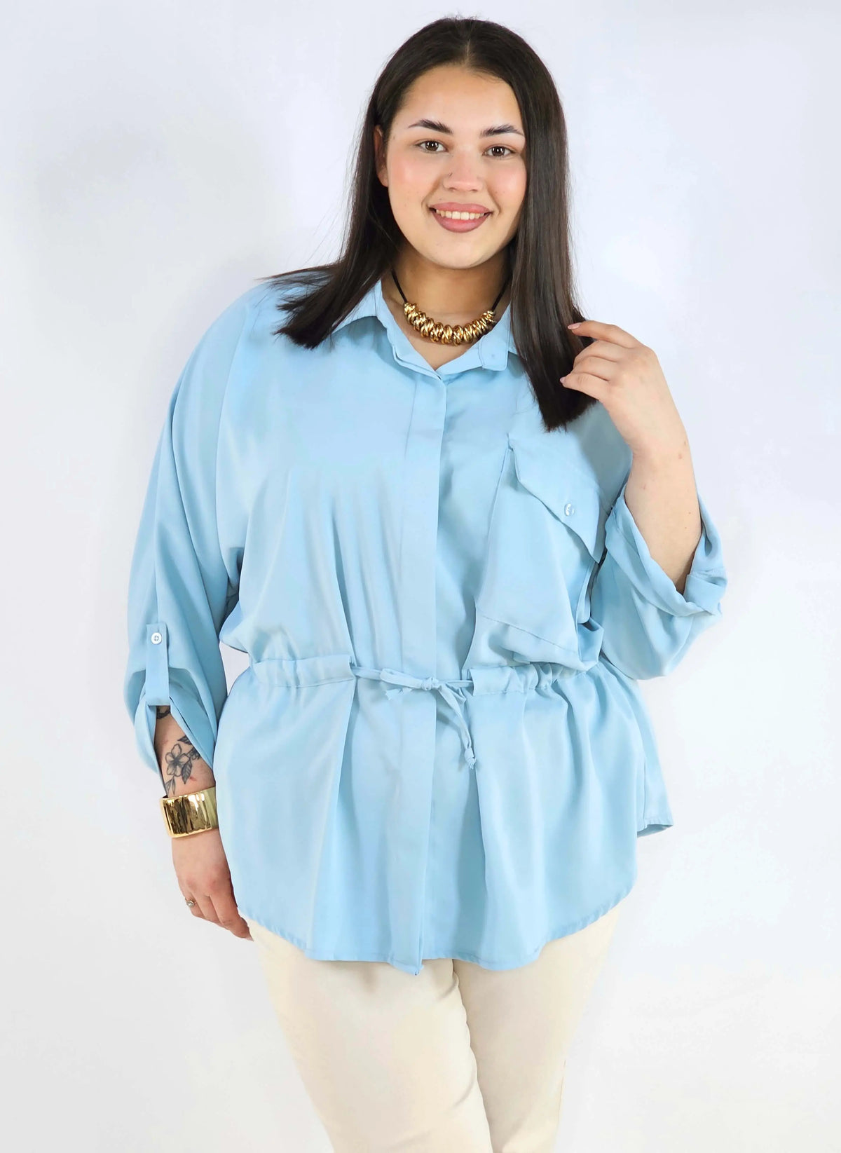 Bluzka plus size koszulowa z kołnierzykiem – elegancka bluzka damska XXL z wiązaniem Stylowa XL