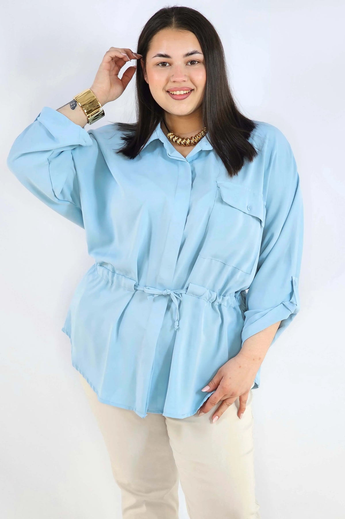 Bluzka plus size koszulowa z kołnierzykiem – elegancka bluzka damska XXL z wiązaniem Stylowa XL