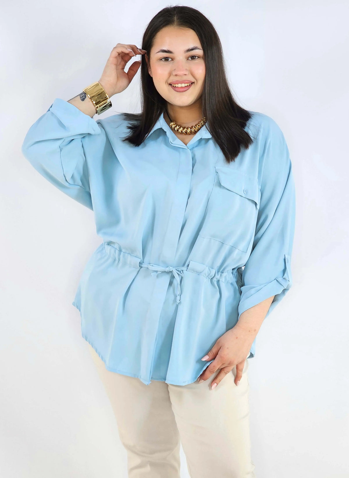 Bluzka plus size koszulowa z kołnierzykiem – elegancka bluzka damska XXL z wiązaniem Stylowa XL