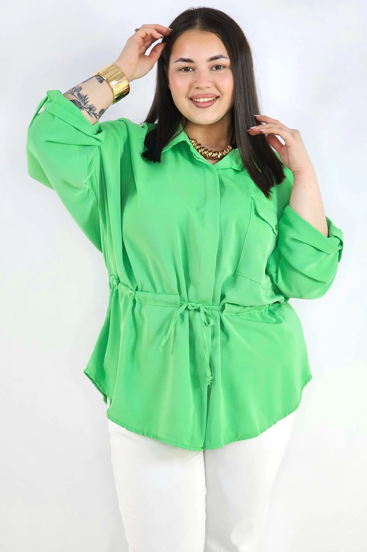 Bluzka plus size koszulowa z kołnierzykiem – elegancka bluzka damska XXL z wiązaniem Stylowa XL