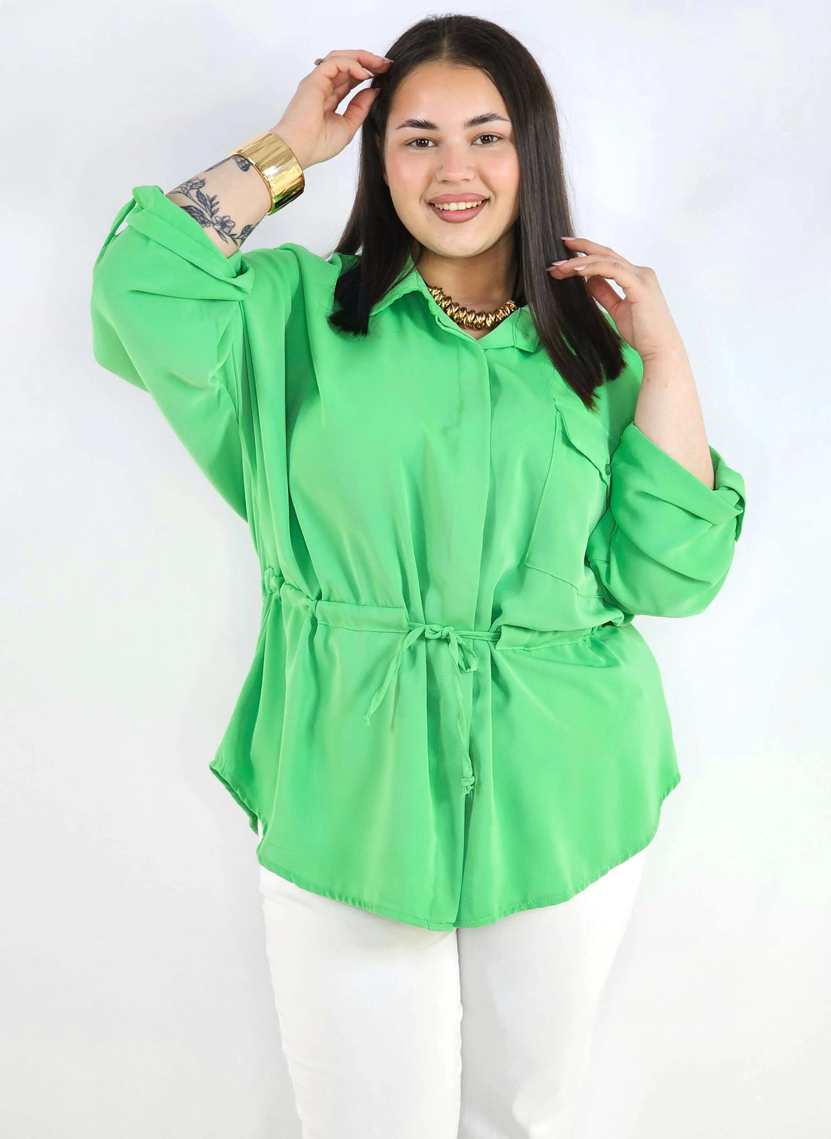 Bluzka plus size koszulowa z kołnierzykiem – elegancka bluzka damska XXL z wiązaniem Stylowa XL