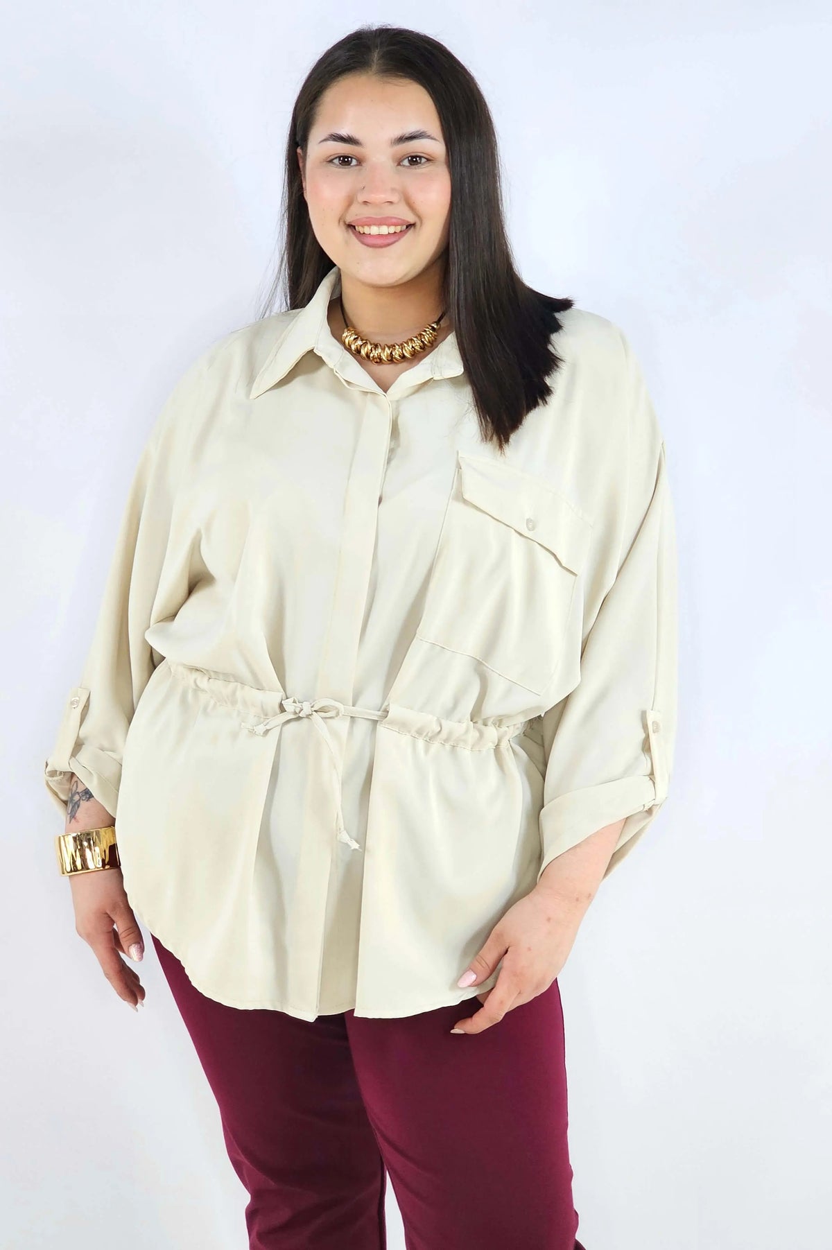Bluzka plus size koszulowa z kołnierzykiem – elegancka bluzka damska XXL z wiązaniem Stylowa XL