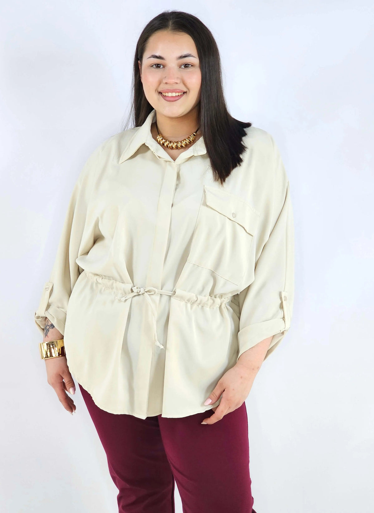 Bluzka plus size koszulowa z kołnierzykiem – elegancka bluzka damska XXL z wiązaniem Stylowa XL