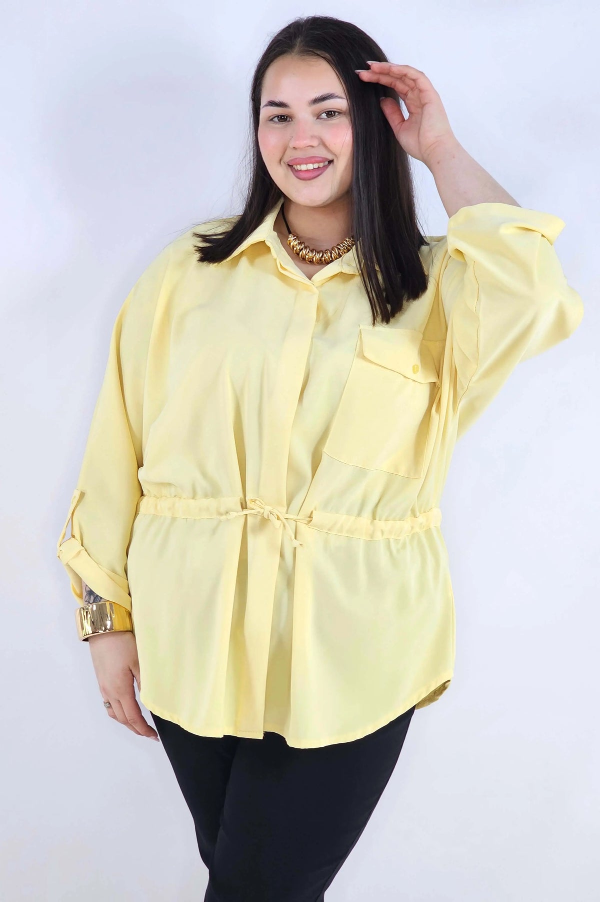 Bluzka plus size koszulowa z kołnierzykiem – elegancka bluzka damska XXL z wiązaniem Stylowa XL