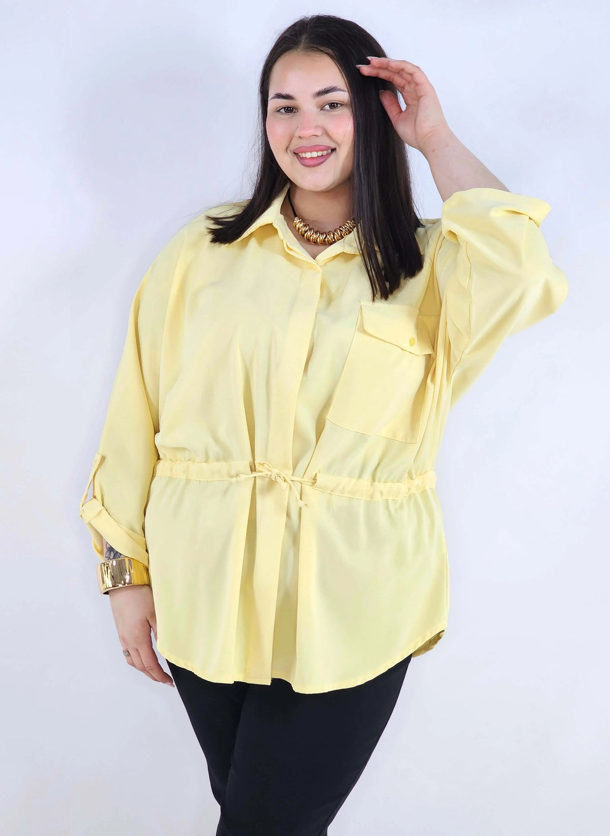 Bluzka plus size koszulowa z kołnierzykiem – elegancka bluzka damska XXL z wiązaniem Stylowa XL