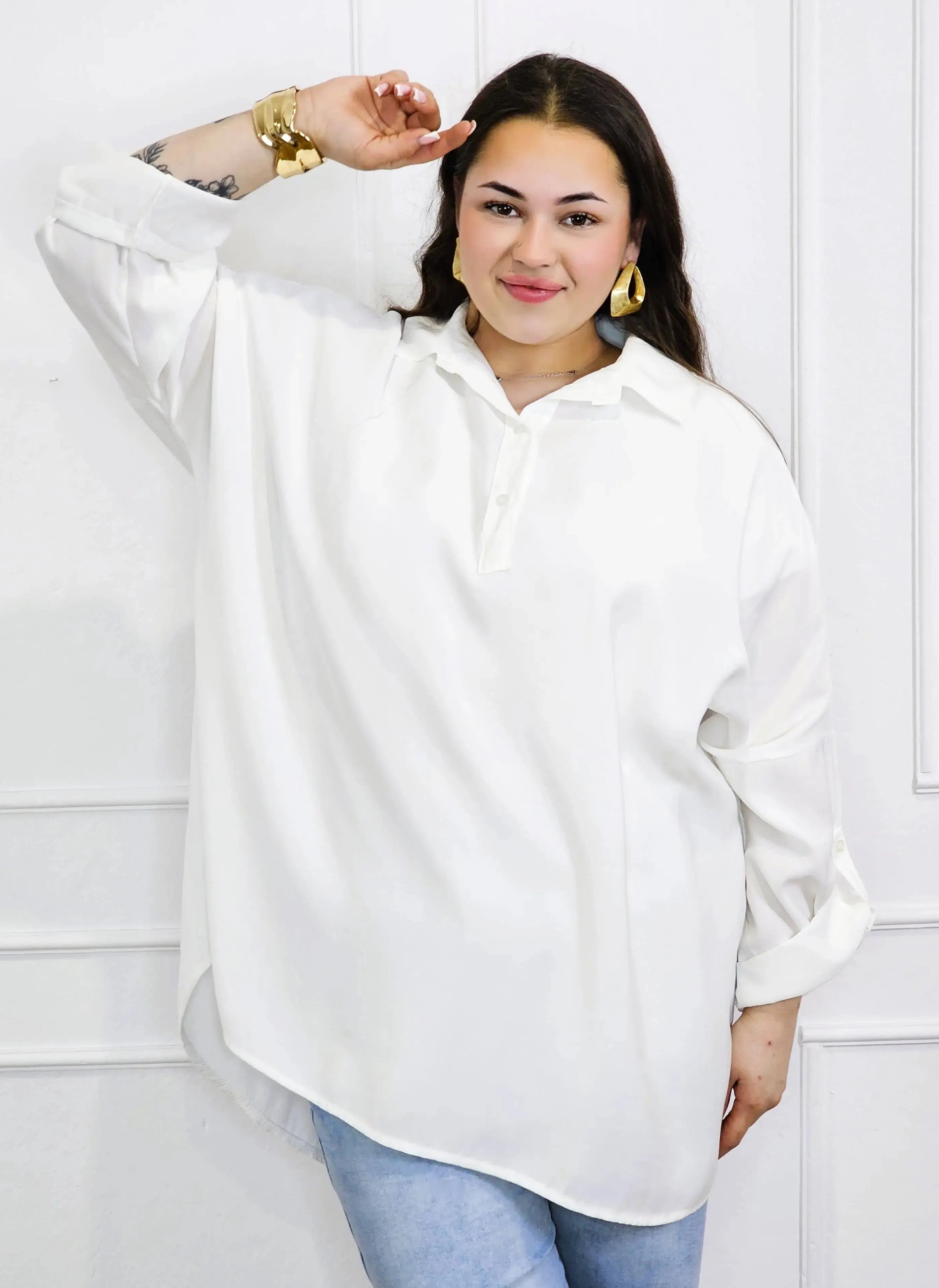 Bluzka plus size koszulowa z kołnierzykiem – luźny fason oversize z dłuższym tyłem Stylowa XL