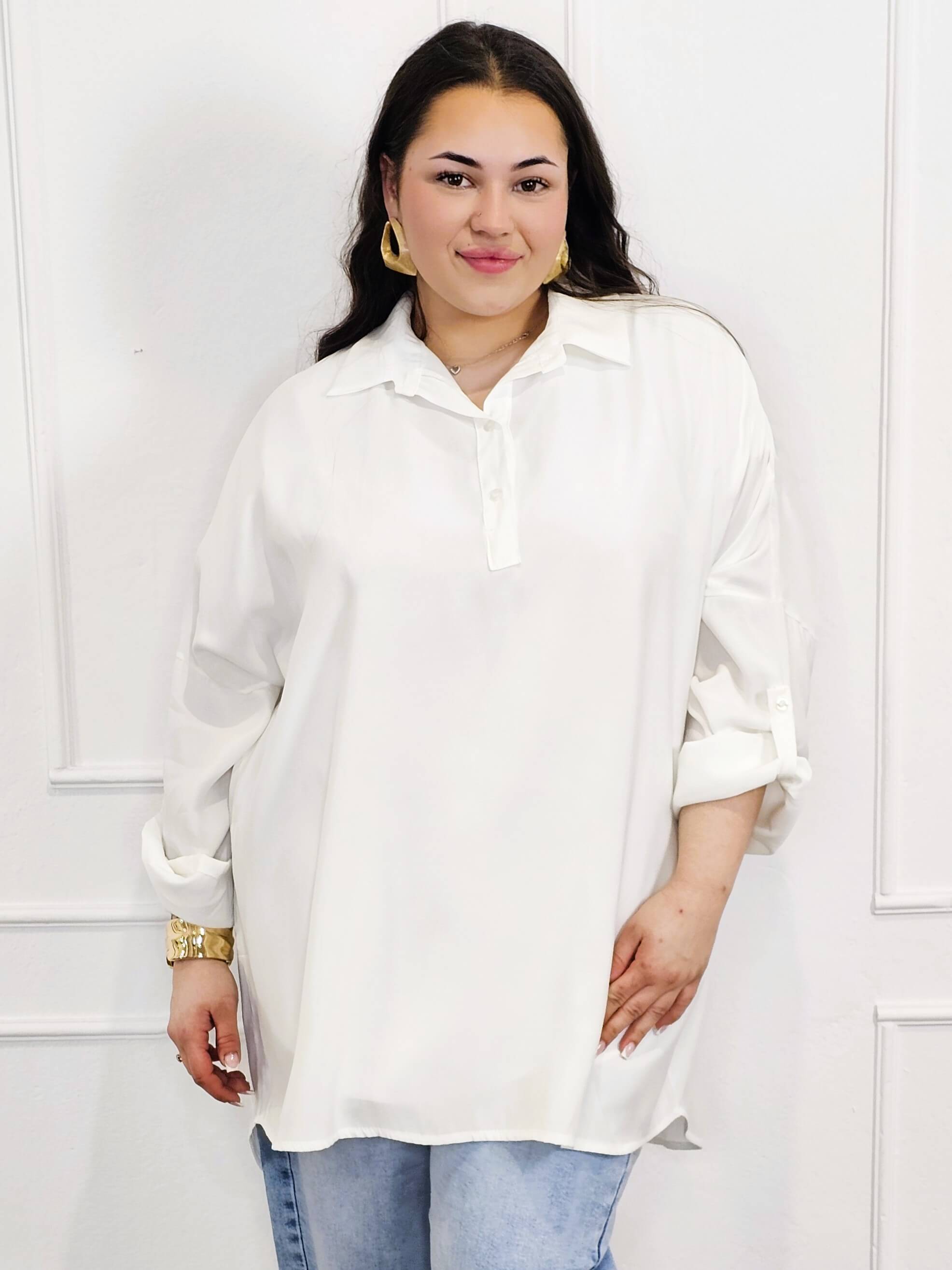 Bluzka plus size koszulowa z kołnierzykiem – luźny fason oversize z dłuższym tyłem Stylowa XL