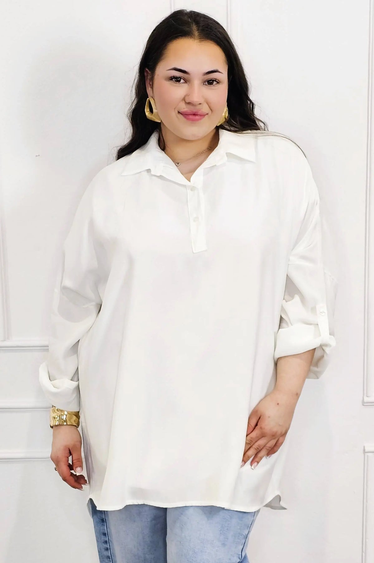 Bluzka plus size koszulowa z kołnierzykiem – luźny fason oversize z dłuższym tyłem Stylowa XL