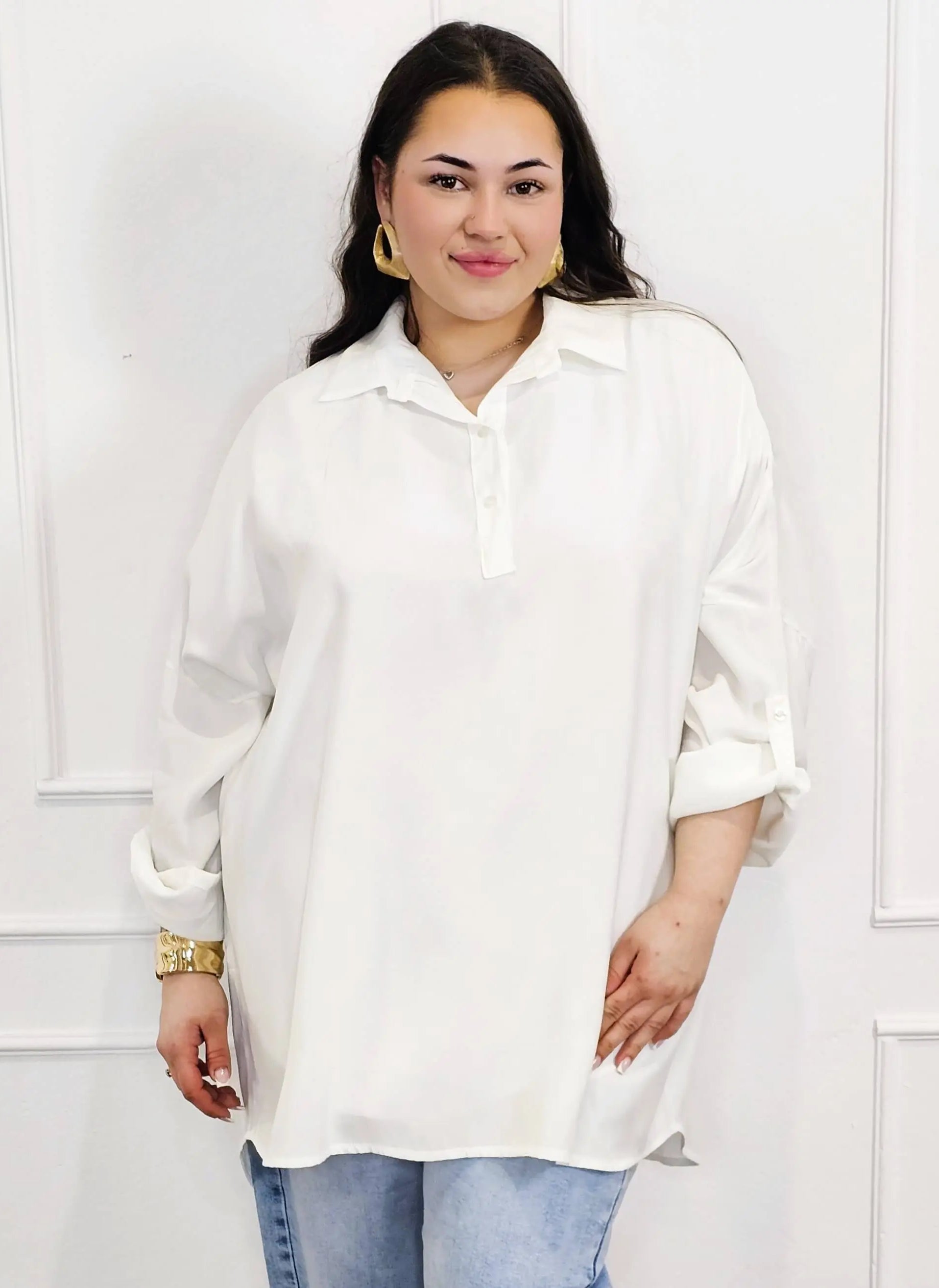 Bluzka plus size koszulowa z kołnierzykiem – luźny fason oversize z dłuższym tyłem Stylowa XL