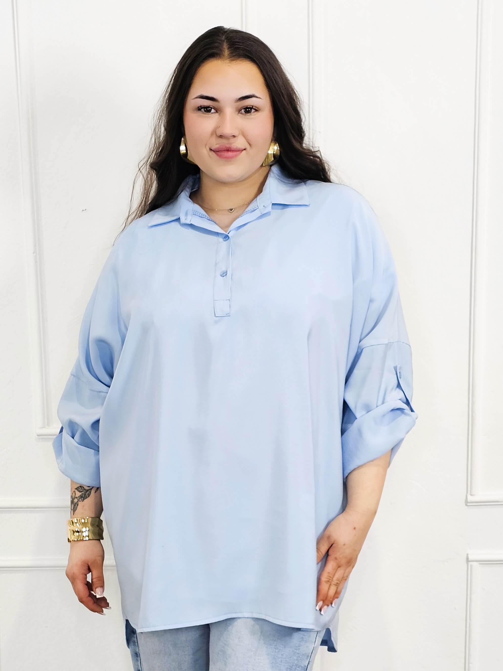Bluzka plus size koszulowa z kołnierzykiem – luźny fason oversize z dłuższym tyłem Stylowa XL