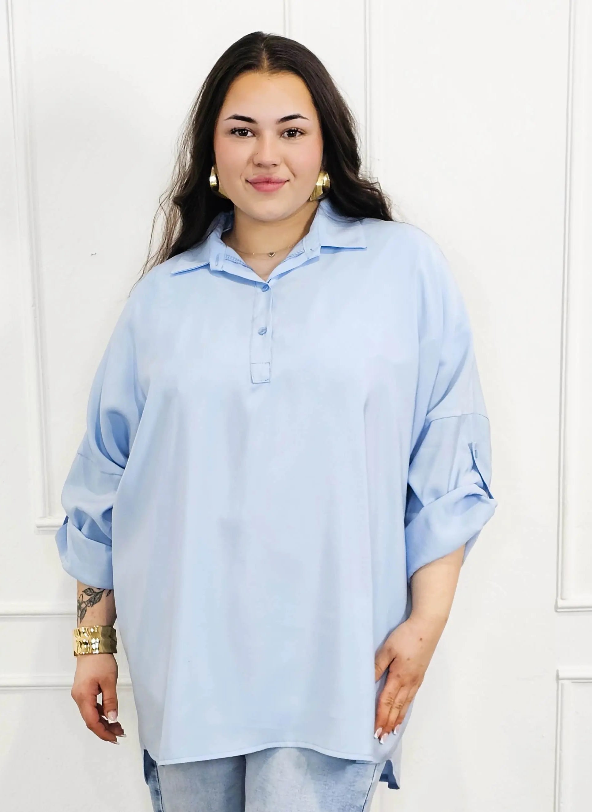 Bluzka plus size koszulowa z kołnierzykiem – luźny fason oversize z dłuższym tyłem Stylowa XL