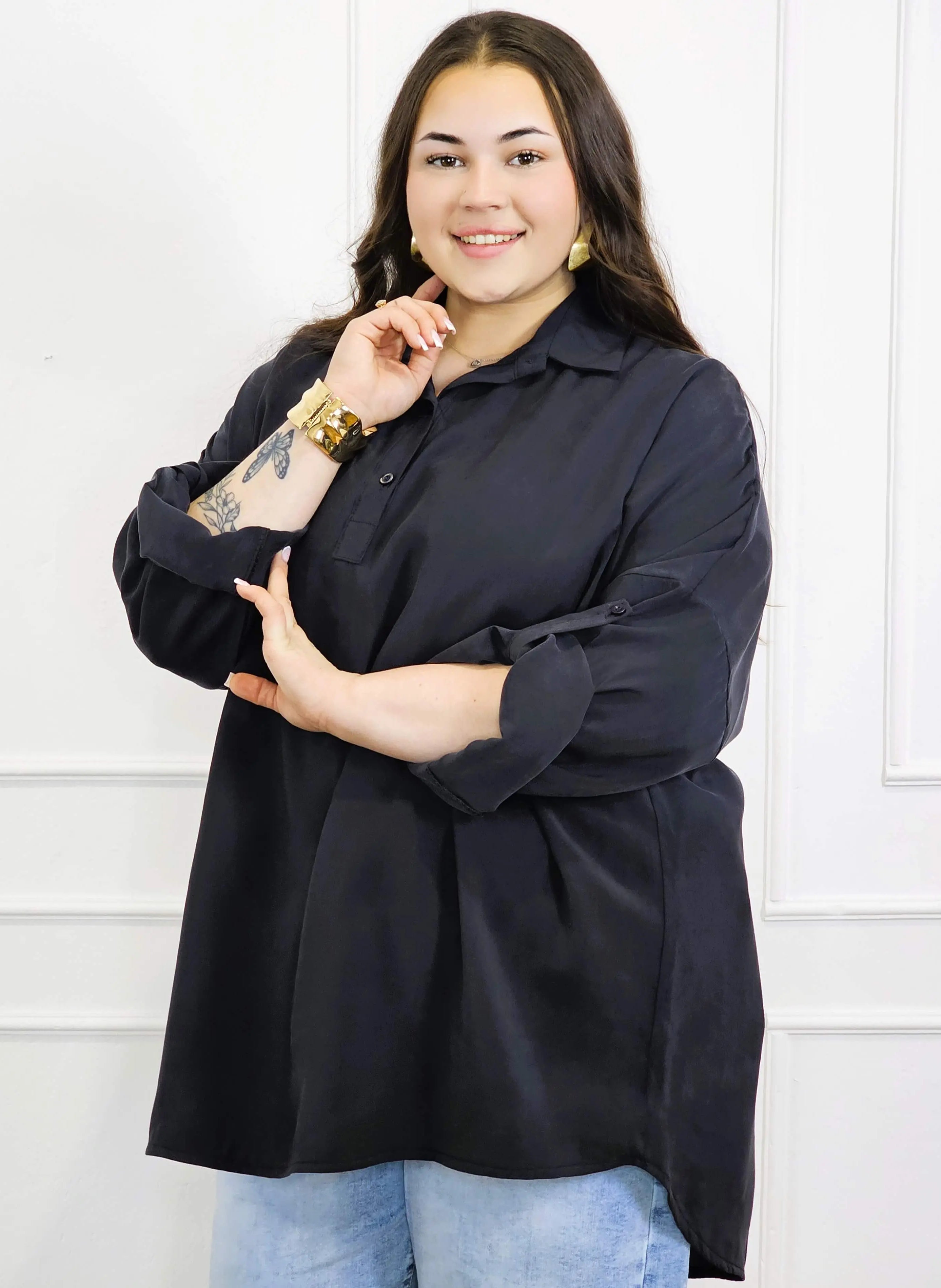 Bluzka plus size koszulowa z kołnierzykiem – luźny fason oversize z dłuższym tyłem Stylowa XL