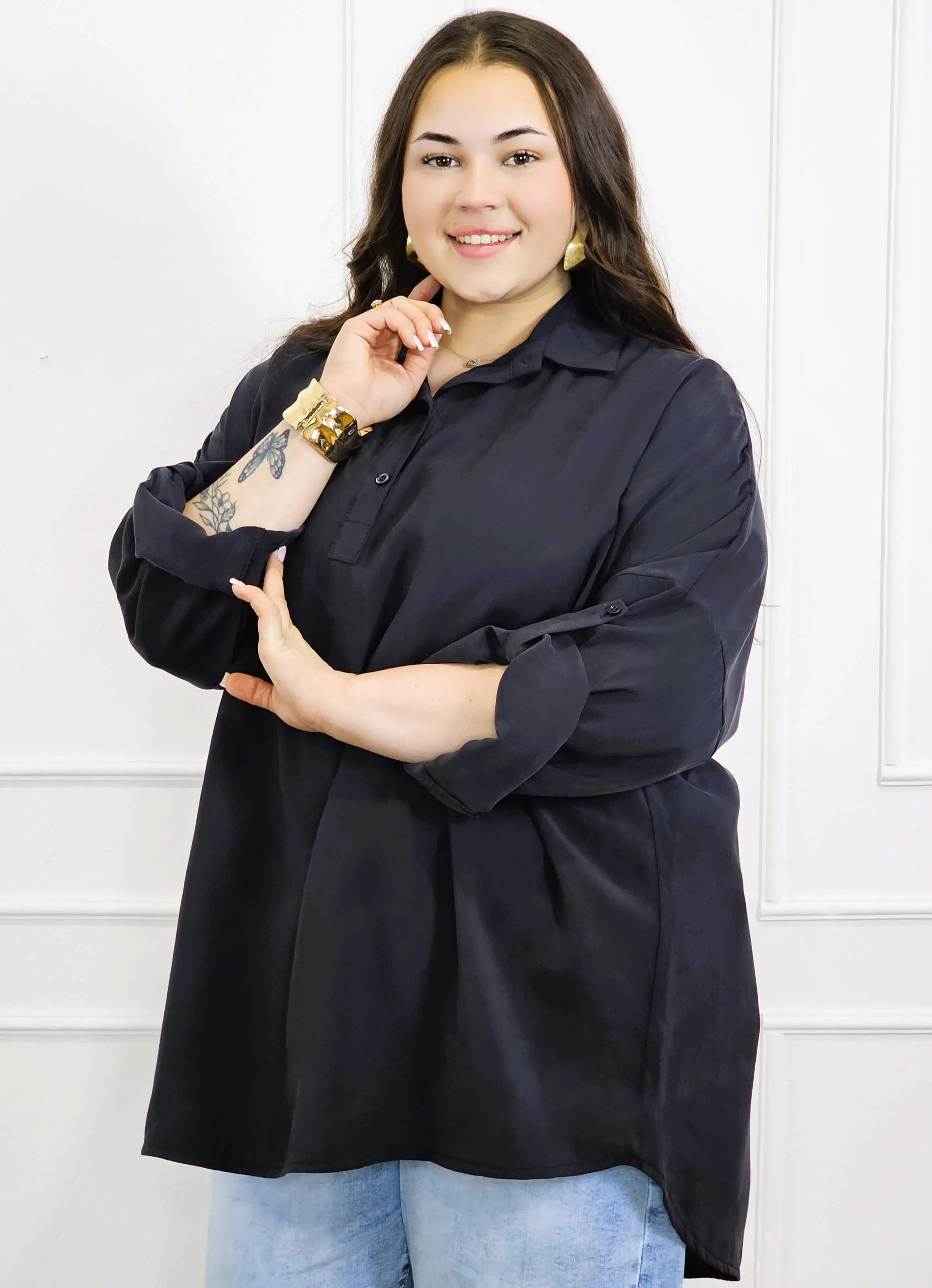 Bluzka plus size koszulowa z kołnierzykiem – luźny fason oversize z dłuższym tyłem Stylowa XL