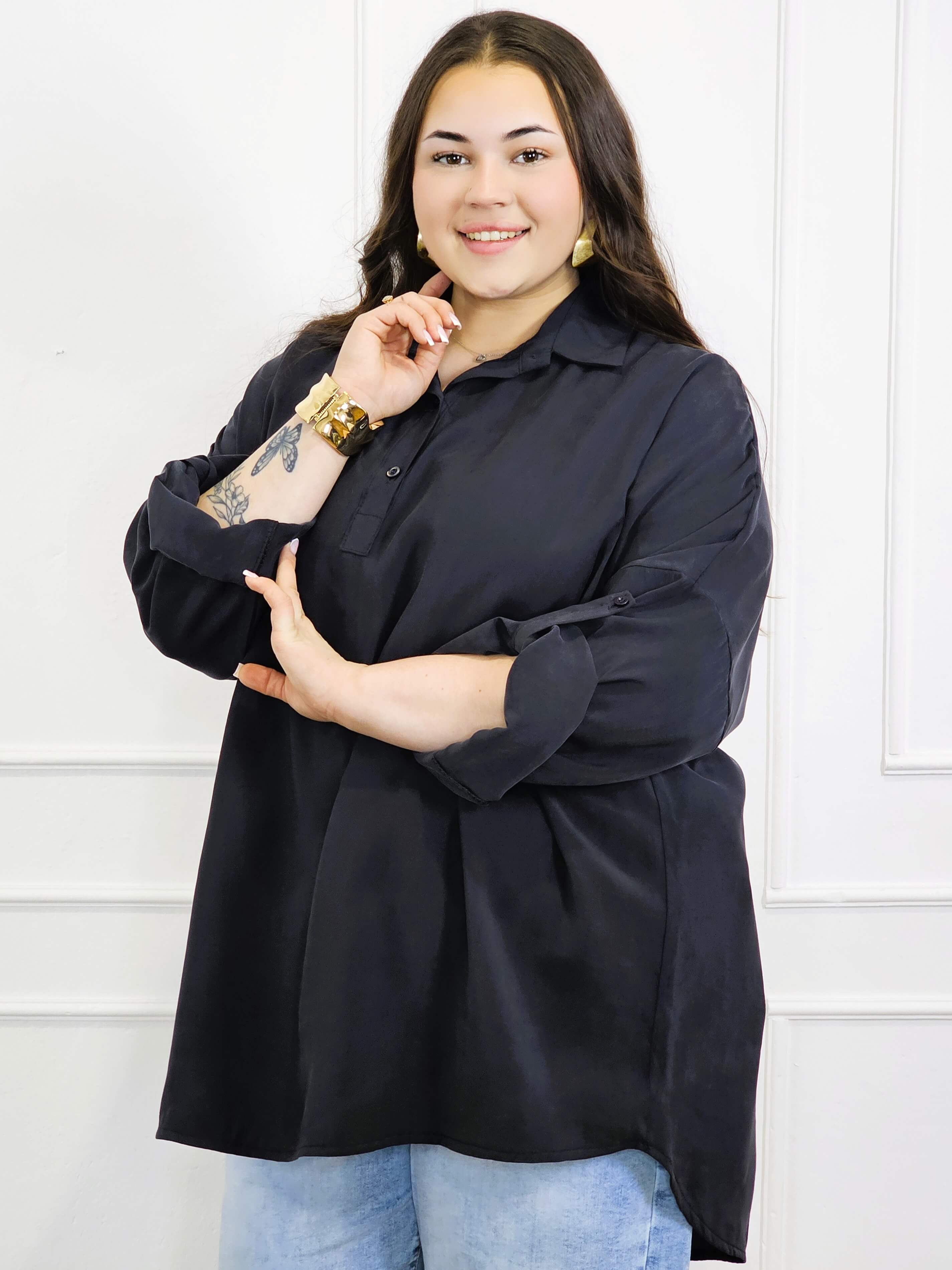 Bluzka plus size koszulowa z kołnierzykiem – luźny fason oversize z dłuższym tyłem Stylowa XL