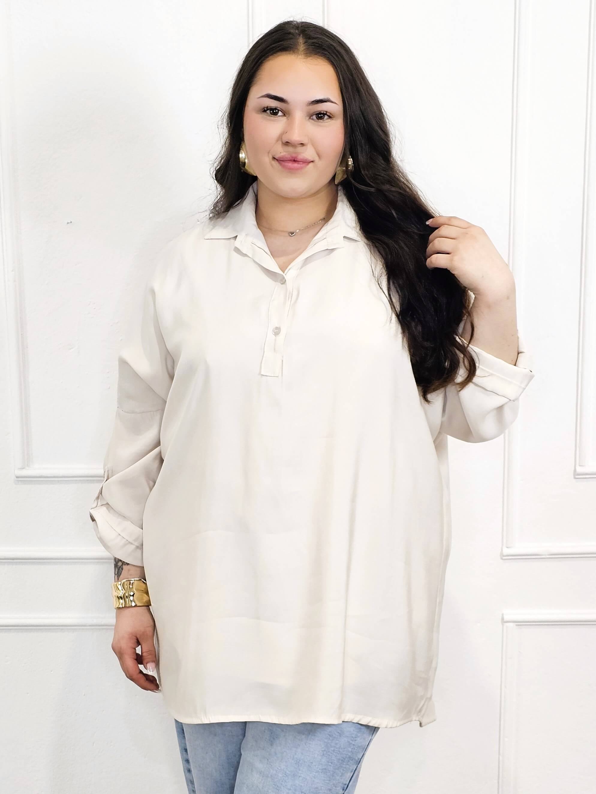 Bluzka plus size koszulowa z kołnierzykiem – luźny fason oversize z dłuższym tyłem Stylowa XL