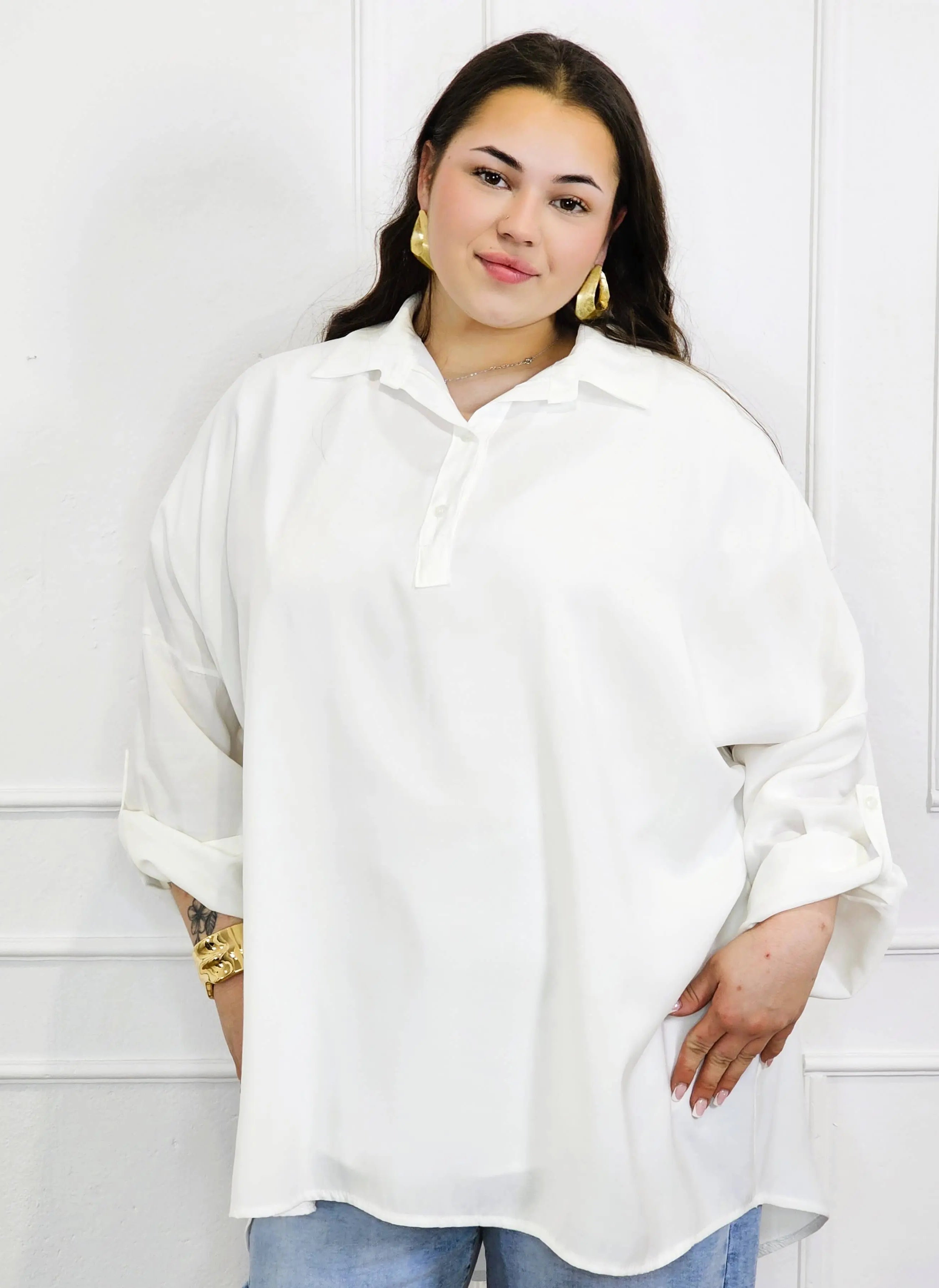 Bluzka plus size koszulowa z kołnierzykiem – luźny fason oversize z dłuższym tyłem Stylowa XL