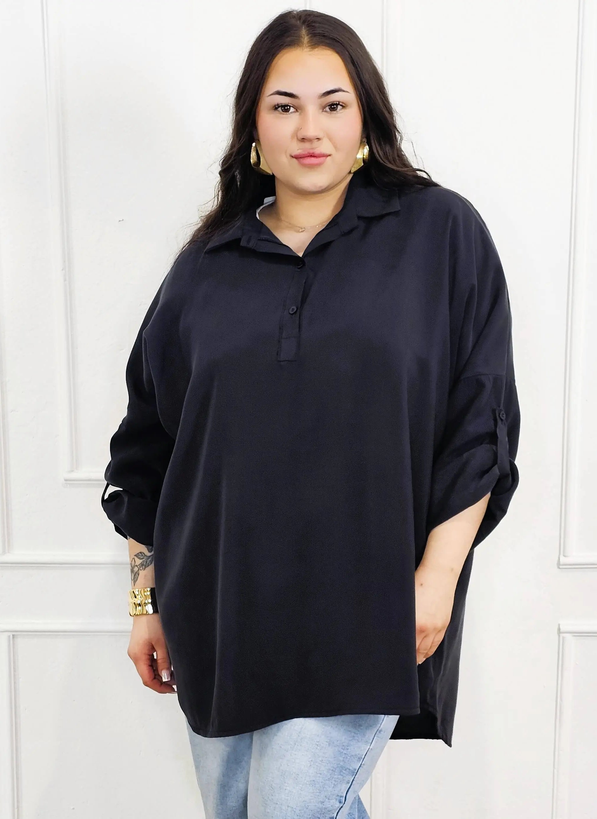Bluzka plus size koszulowa z kołnierzykiem – luźny fason oversize z dłuższym tyłem Stylowa XL