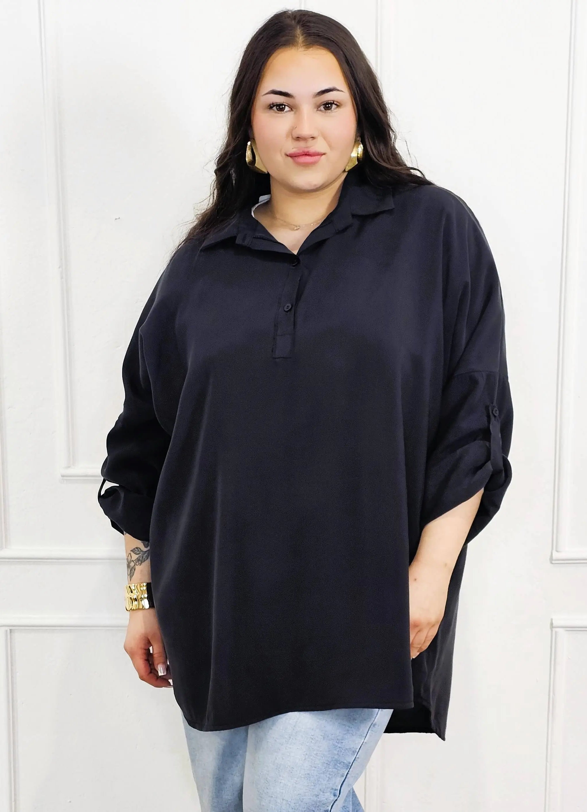 Bluzka plus size koszulowa z kołnierzykiem – luźny fason oversize z dłuższym tyłem Stylowa XL