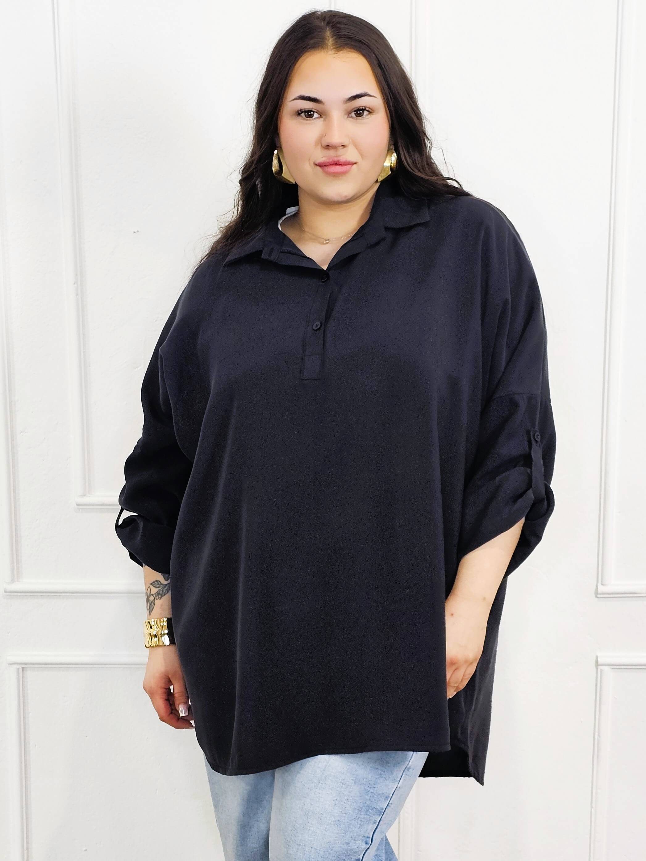 Bluzka plus size koszulowa z kołnierzykiem – luźny fason oversize z dłuższym tyłem Stylowa XL
