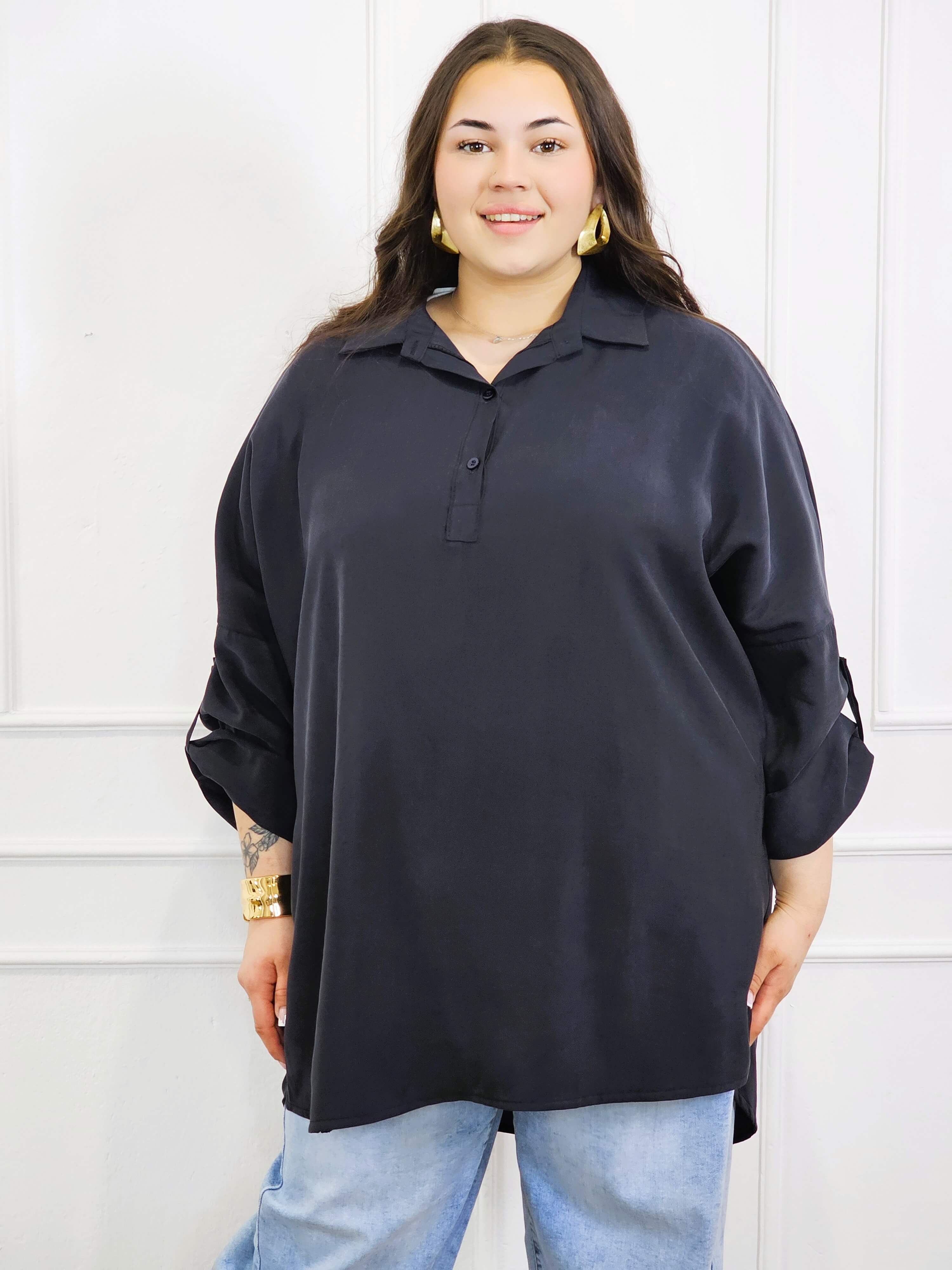 Bluzka plus size koszulowa z kołnierzykiem – luźny fason oversize z dłuższym tyłem Stylowa XL