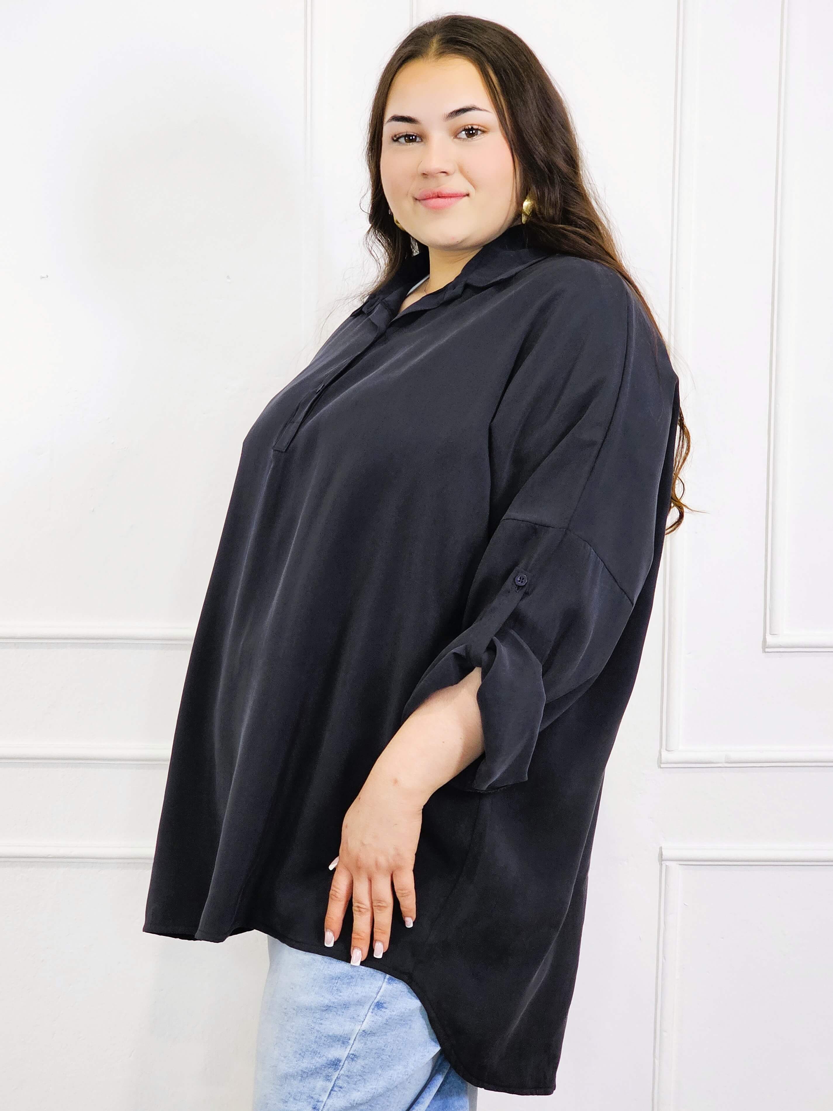 Bluzka plus size koszulowa z kołnierzykiem – luźny fason oversize z dłuższym tyłem Stylowa XL