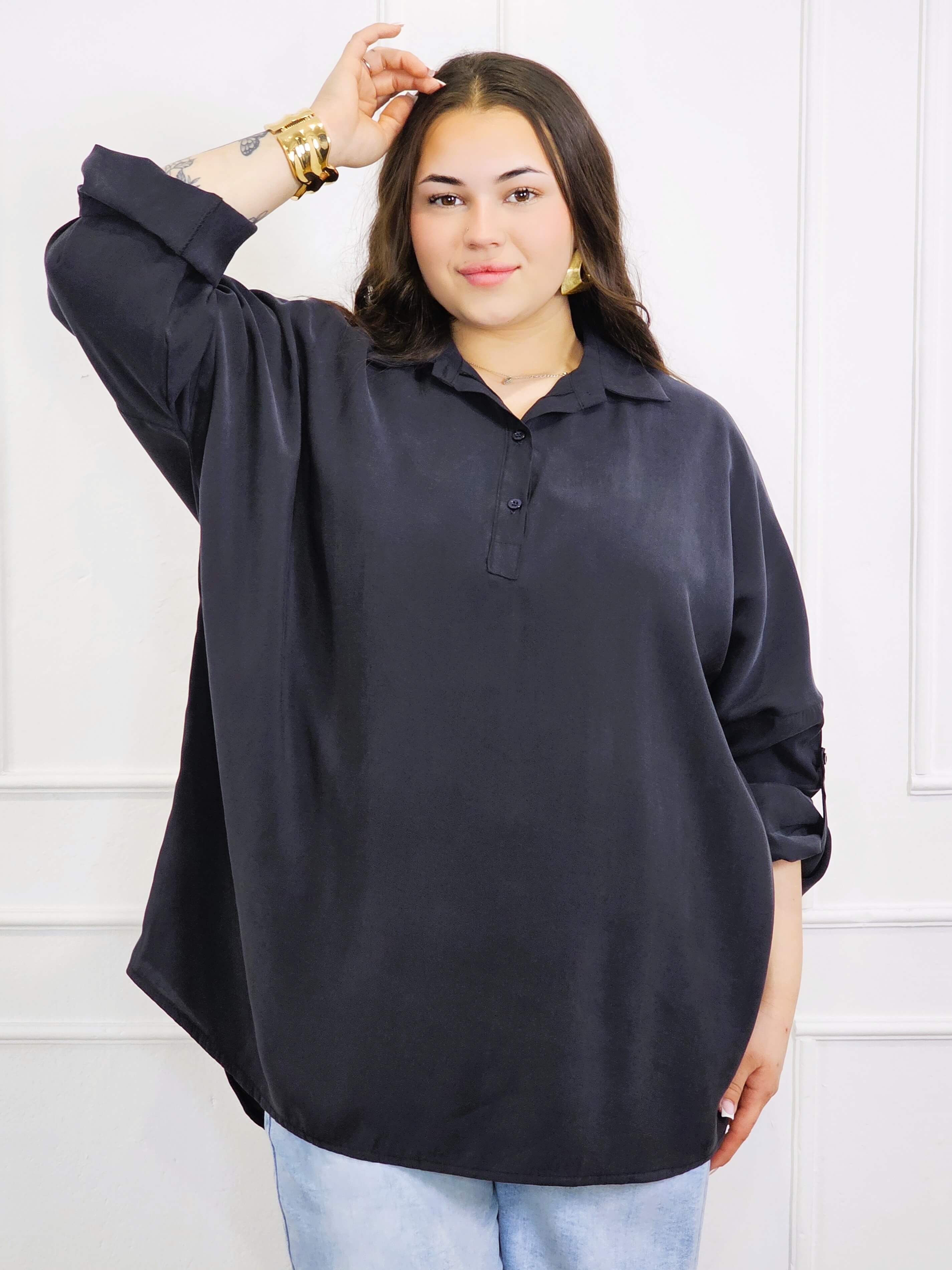 Bluzka plus size koszulowa z kołnierzykiem – luźny fason oversize z dłuższym tyłem Stylowa XL
