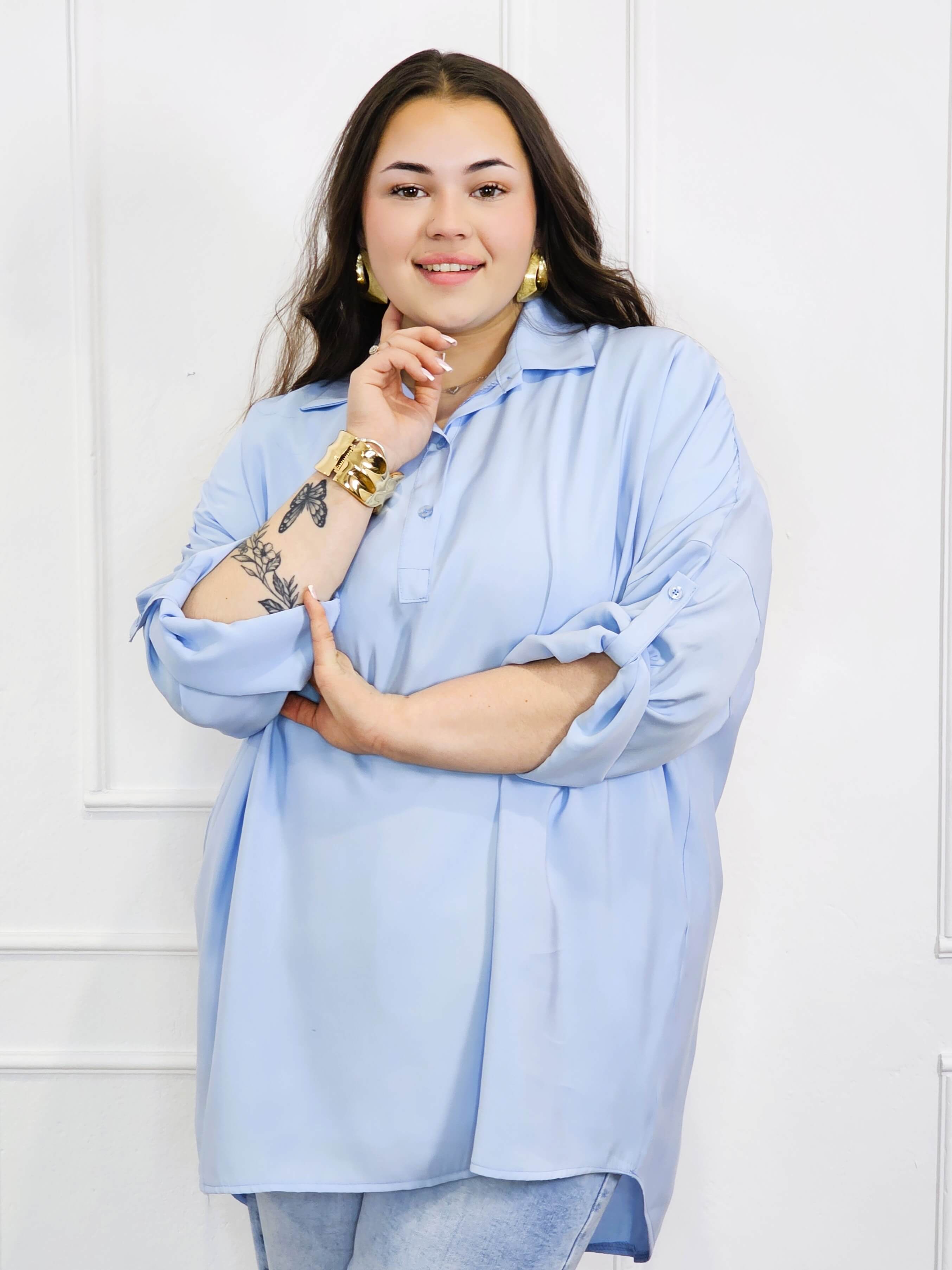 Bluzka plus size koszulowa z kołnierzykiem – luźny fason oversize z dłuższym tyłem Stylowa XL