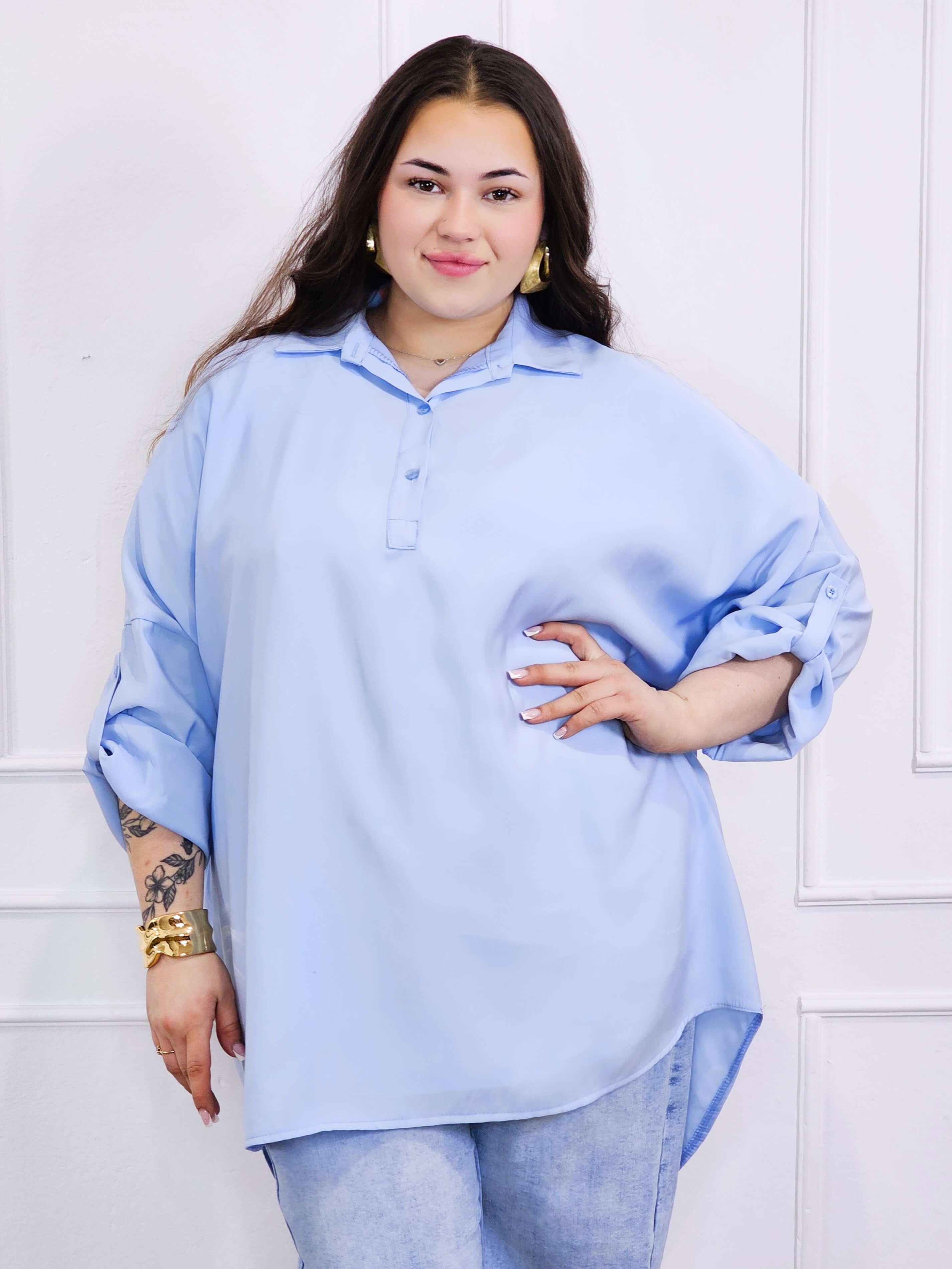 Bluzka plus size koszulowa z kołnierzykiem – luźny fason oversize z dłuższym tyłem Stylowa XL