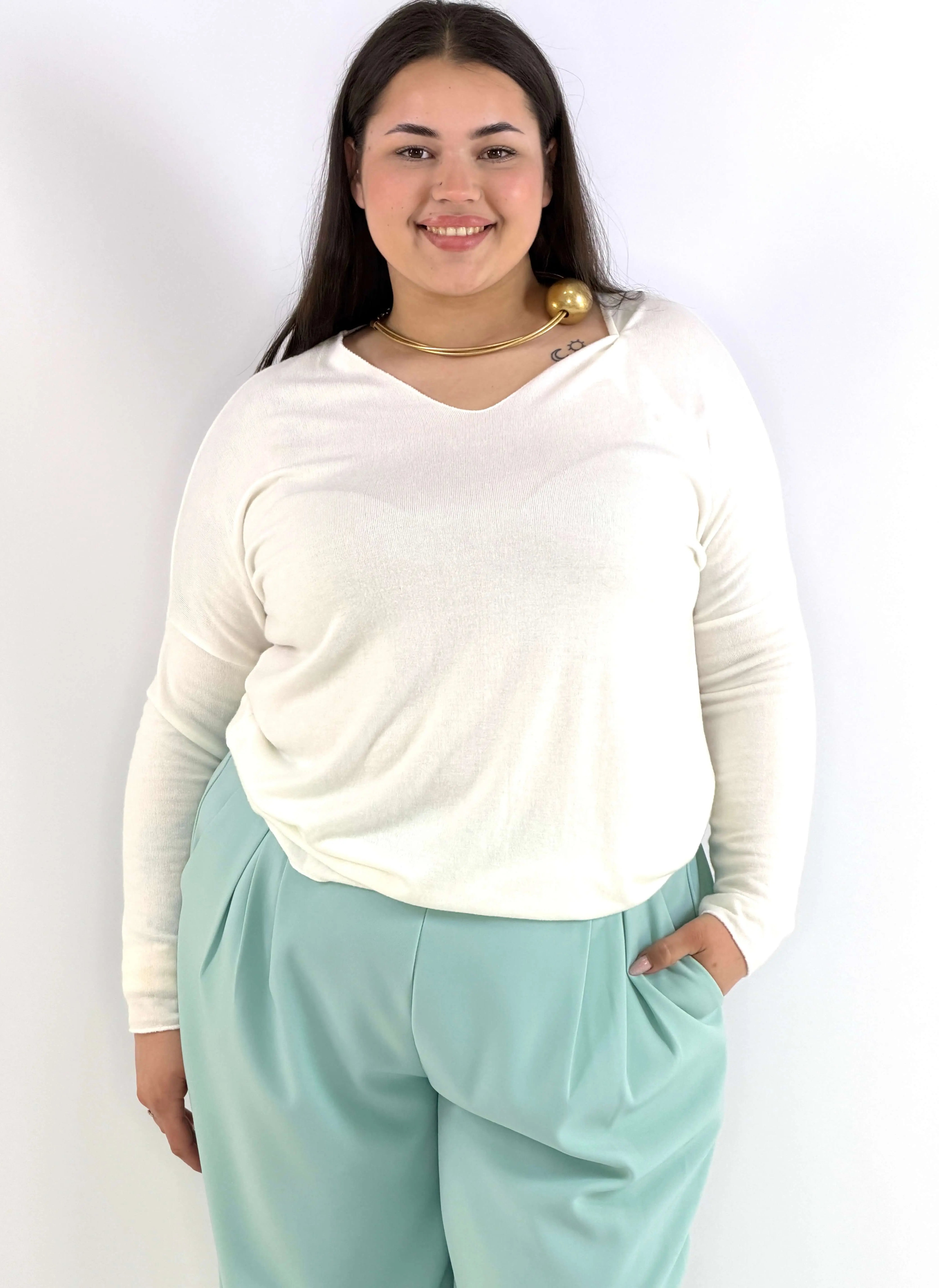 Bluzka plus size sweterkowa ecru – miękka bluzka XXL z długim rękawem Stylowa XL